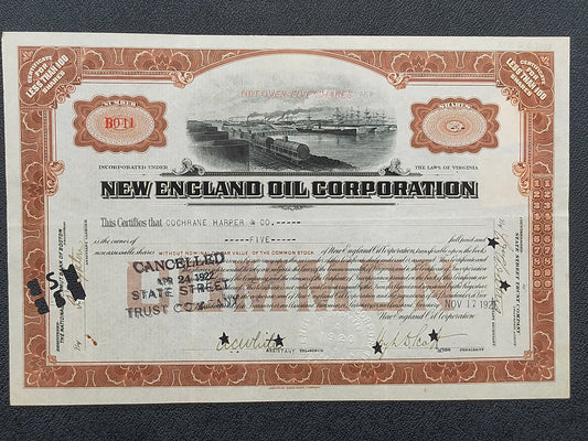Historische New England Oil Corporation Aktie von 1922