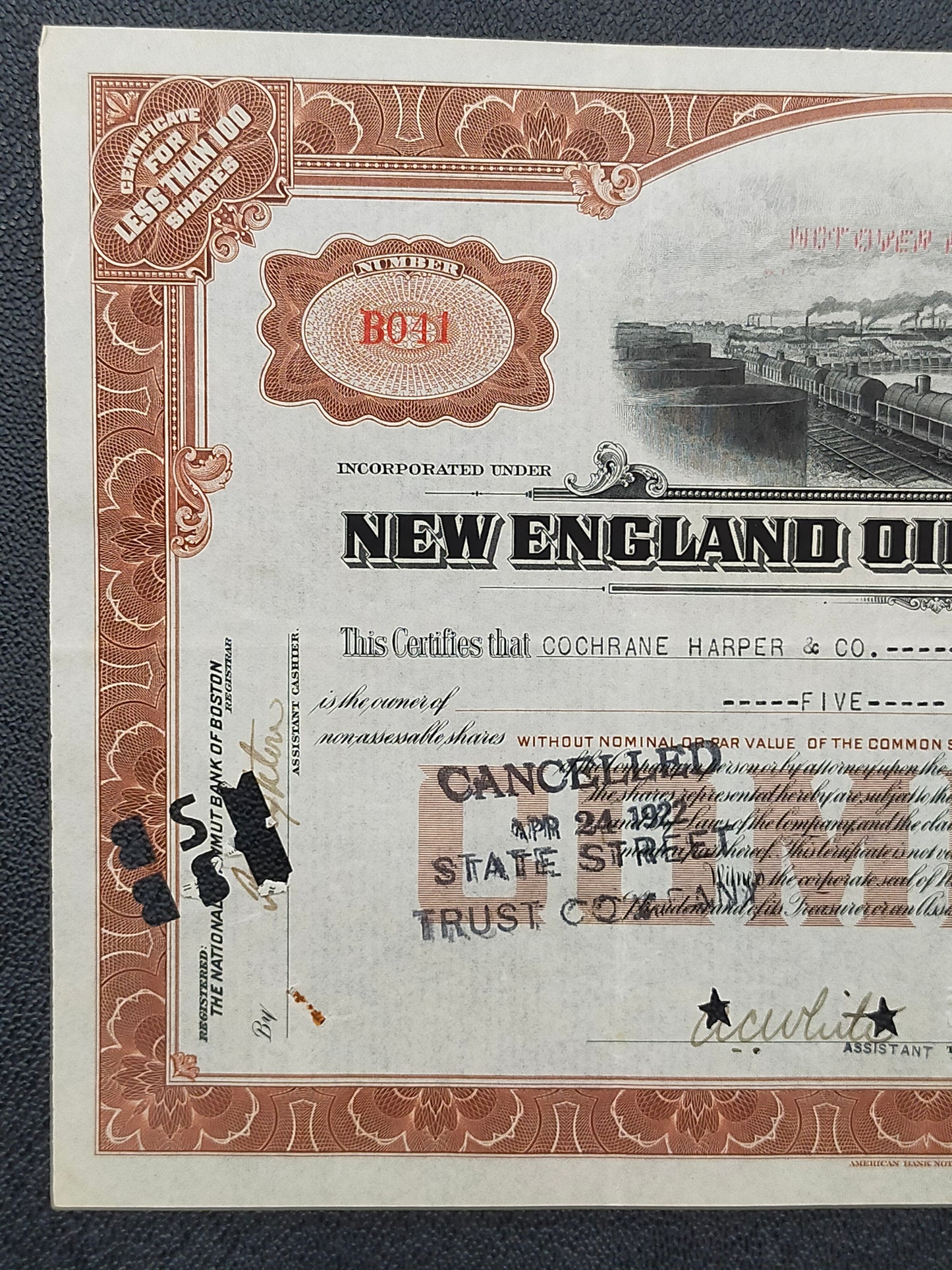 Historische New England Oil Corporation Aktie von 1922