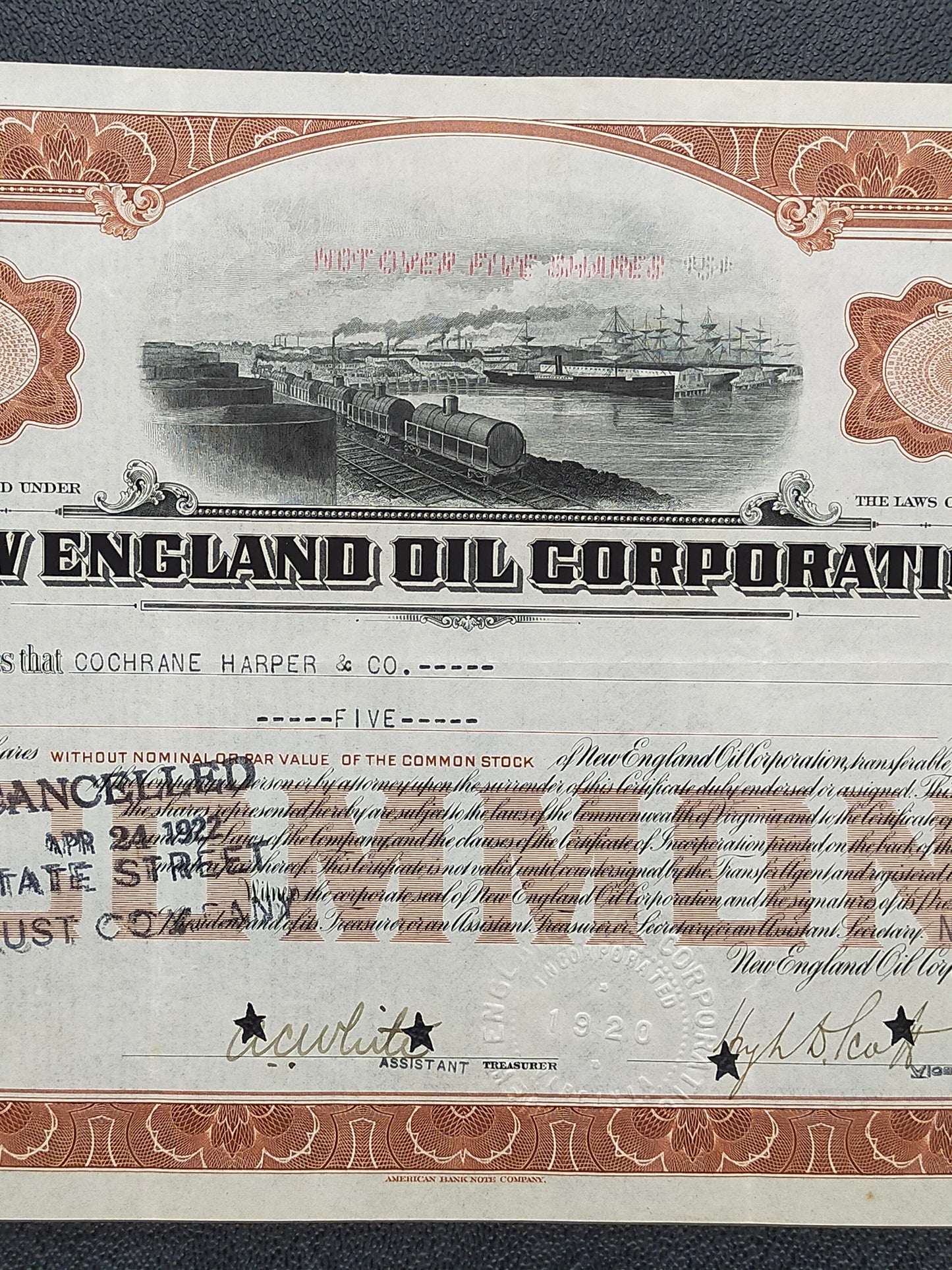 Historische New England Oil Corporation Aktie von 1922