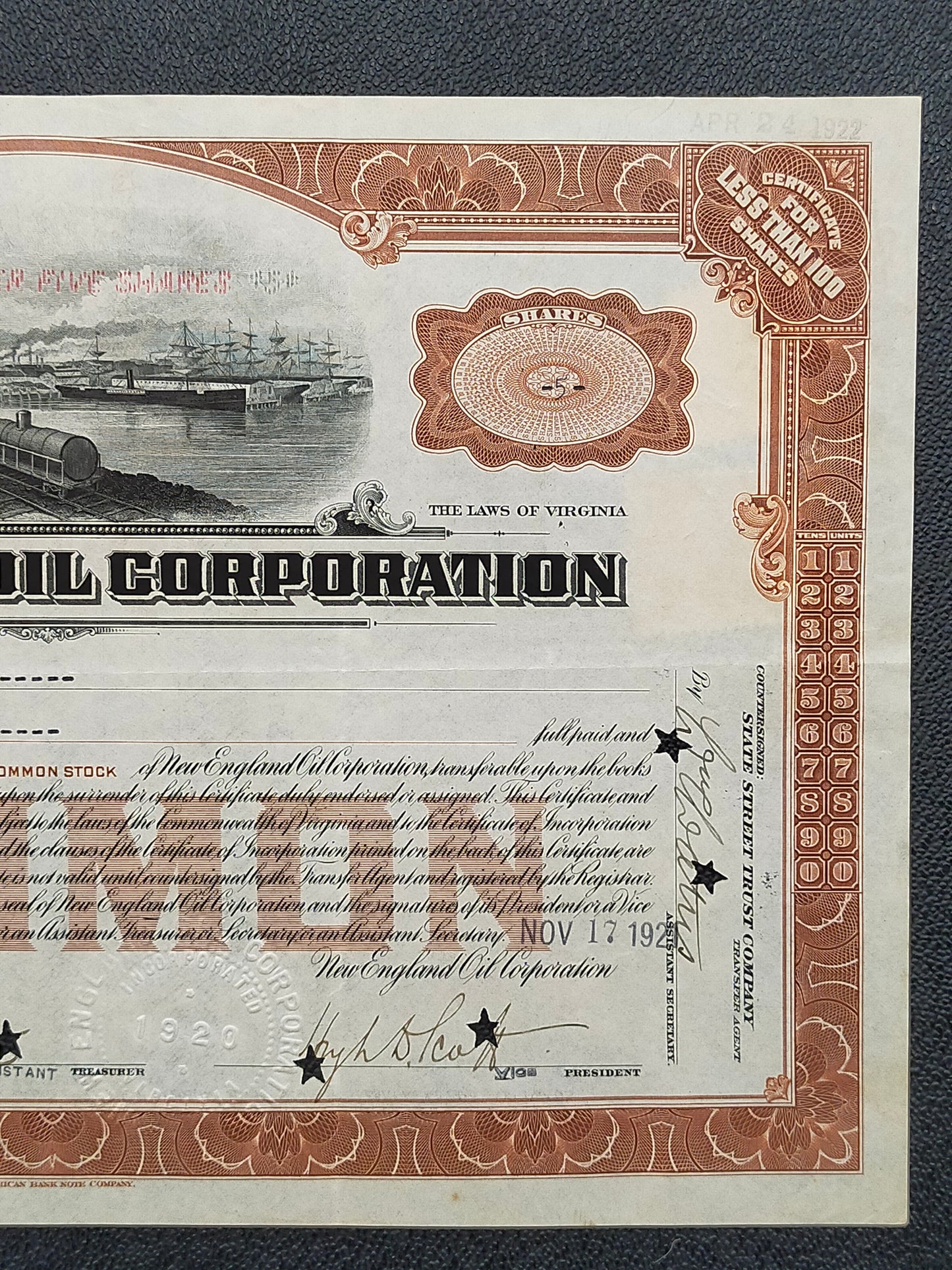 Historische New England Oil Corporation Aktie von 1922