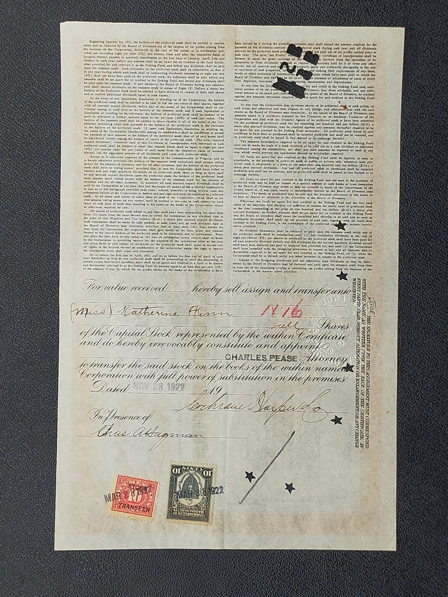 Historische New England Oil Corporation Aktie von 1922