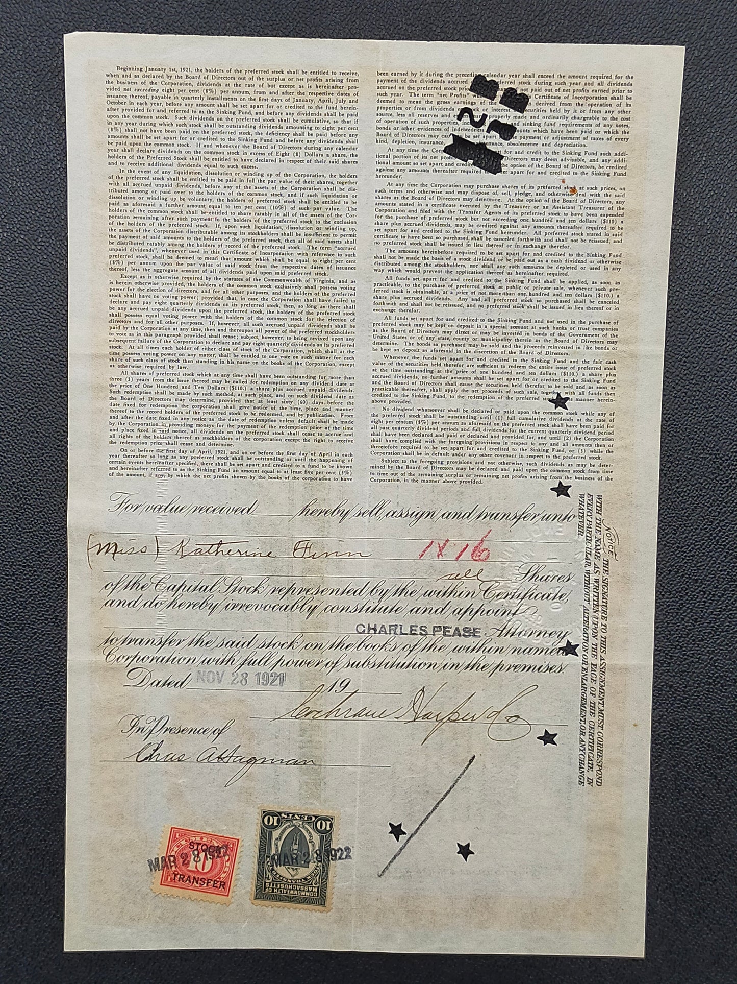 Historische New England Oil Corporation Aktie von 1922