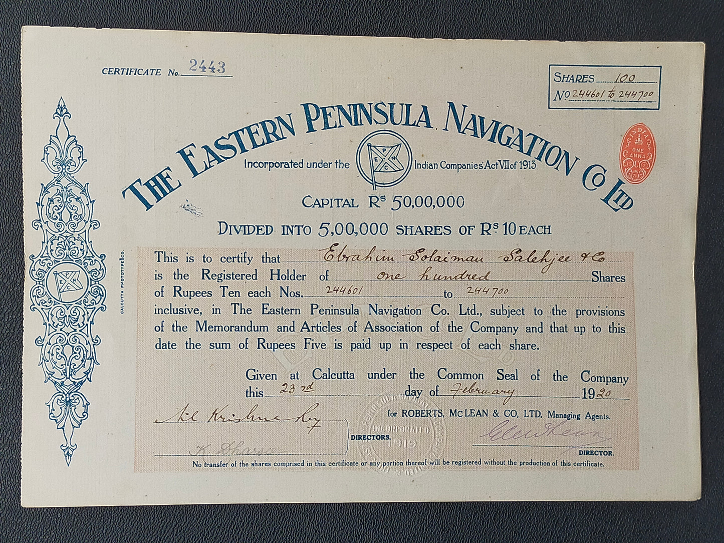 Historische Aktie 1920 Eastern Peninsula Navigation Co Ltd