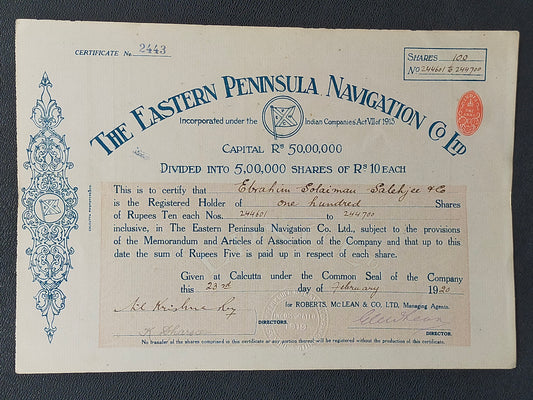 Historische Aktie 1920 Eastern Peninsula Navigation Co Ltd