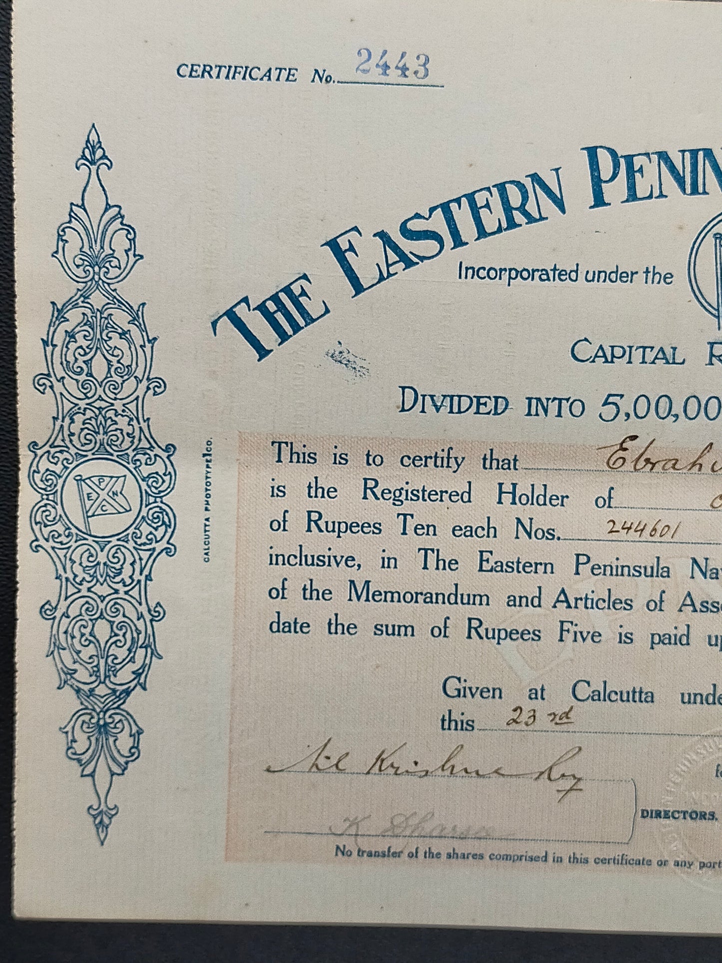 Historische Aktie 1920 Eastern Peninsula Navigation Co Ltd