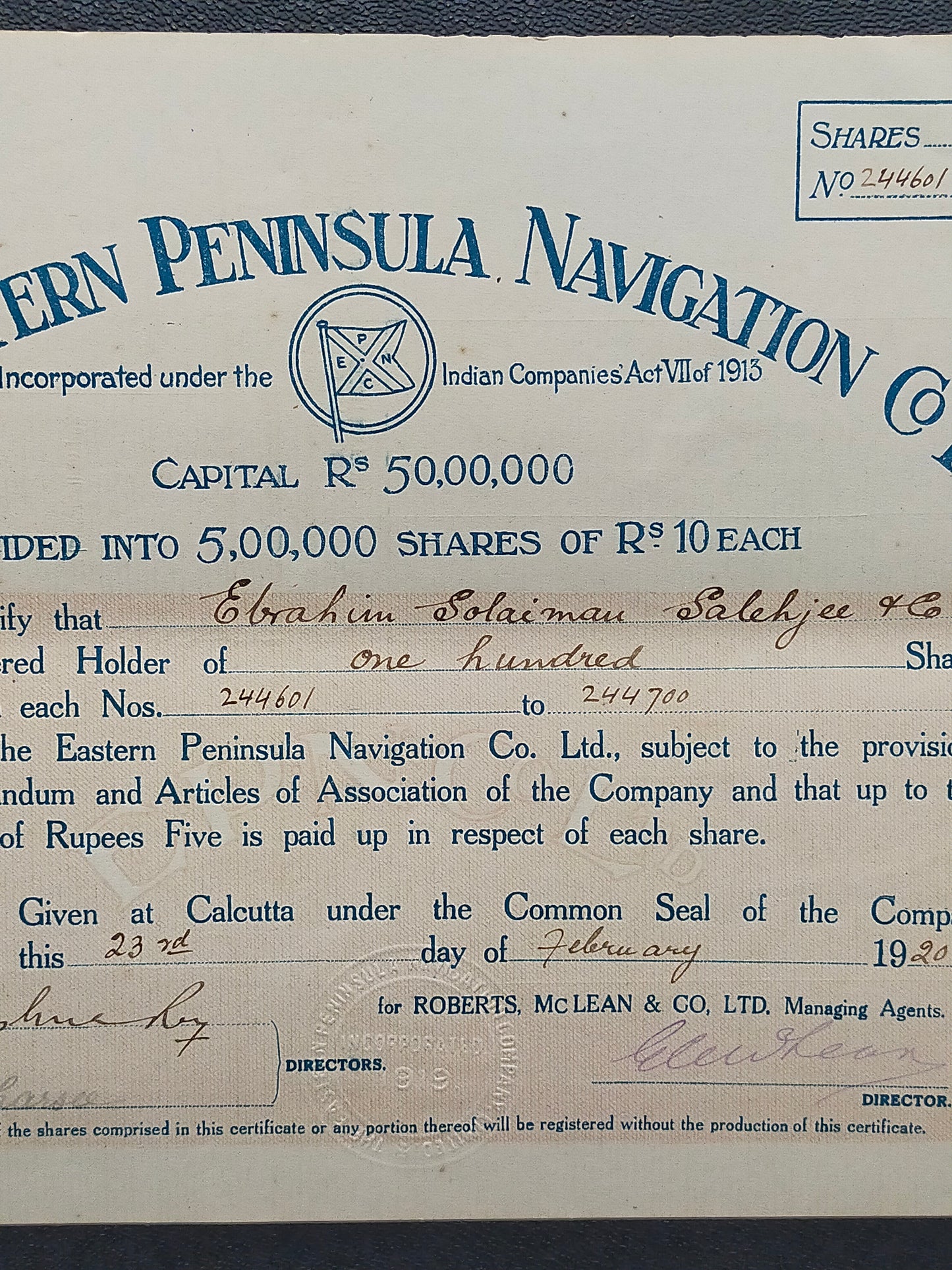 Historische Aktie 1920 Eastern Peninsula Navigation Co Ltd