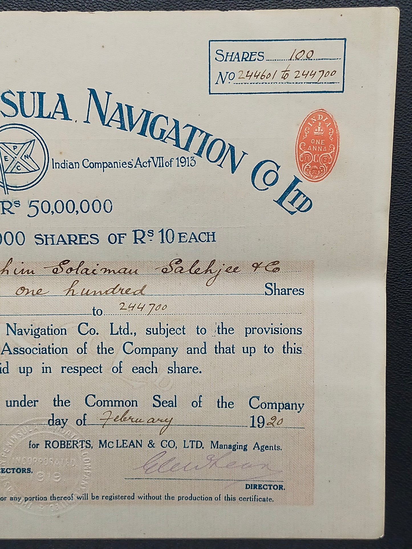 Historische Aktie 1920 Eastern Peninsula Navigation Co Ltd