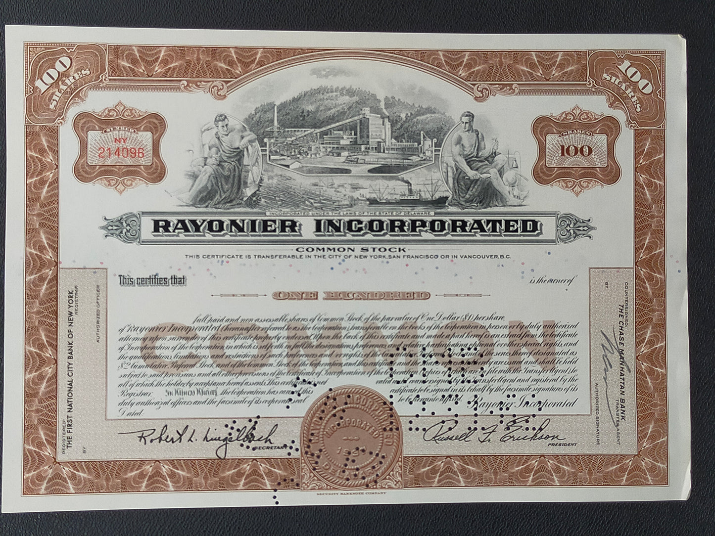 Historische Rayonier Incorporated Aktie 1963 – 100 Shares