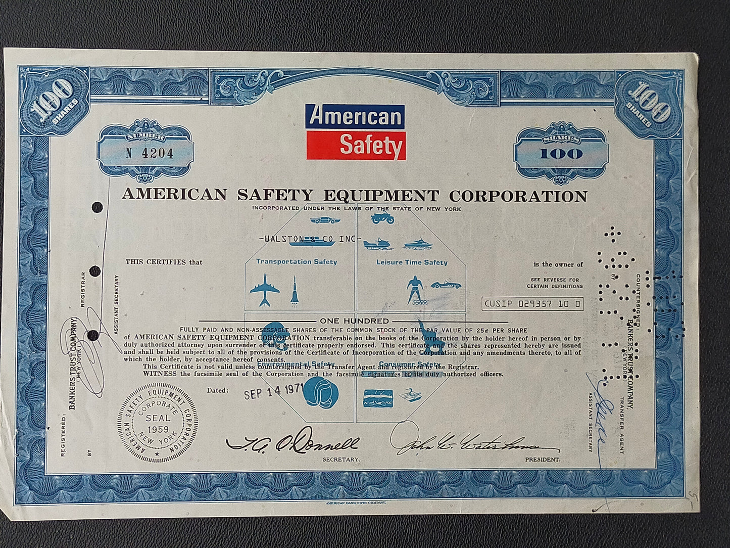 Historische American Safety Equipment Aktie von 1971 – 100 Shares