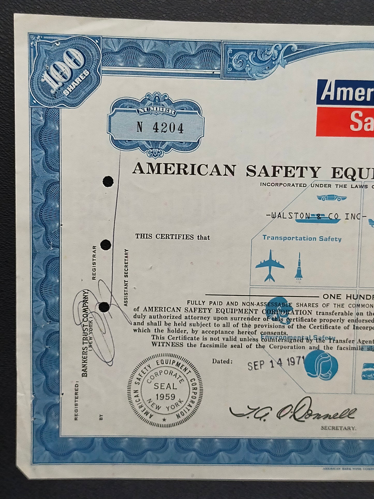 Historische American Safety Equipment Aktie von 1971 – 100 Shares