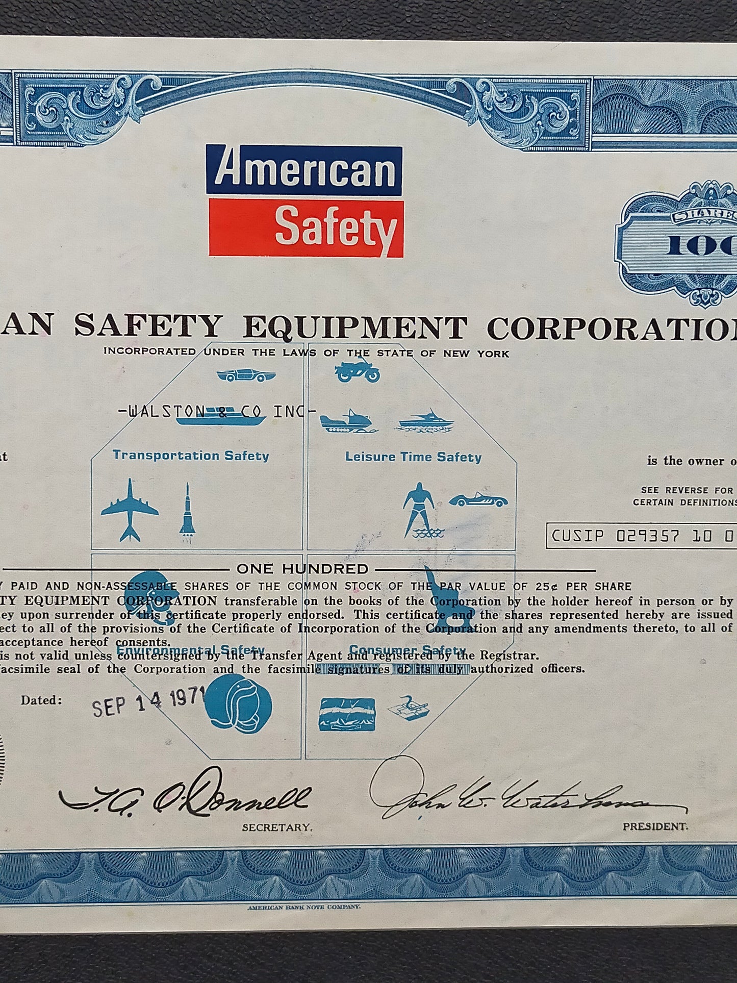 Historische American Safety Equipment Aktie von 1971 – 100 Shares