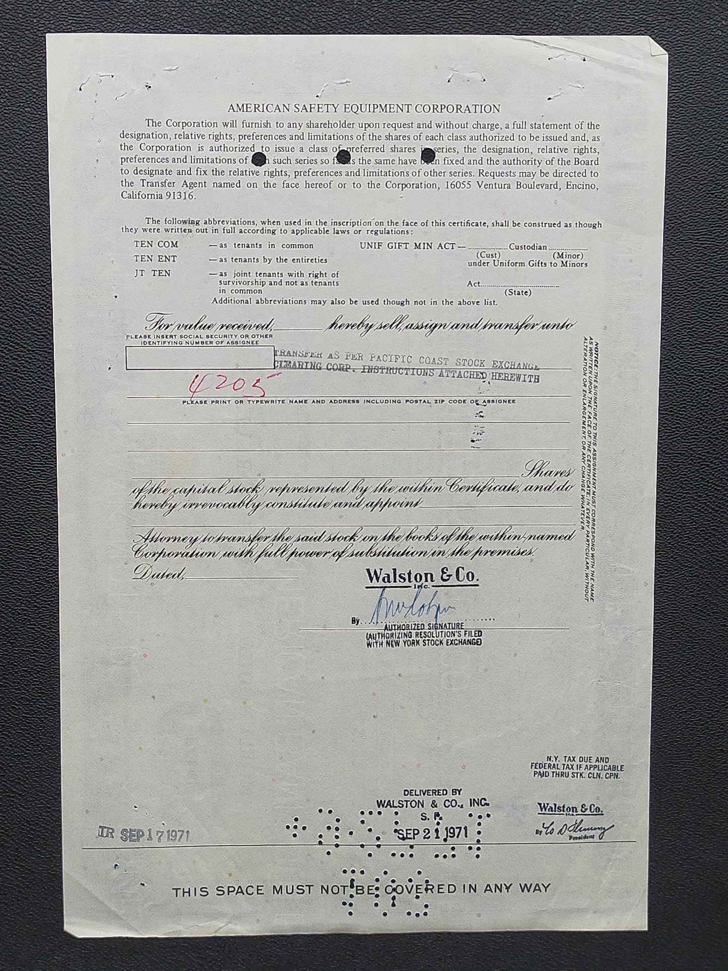 Historische American Safety Equipment Aktie von 1971 – 100 Shares