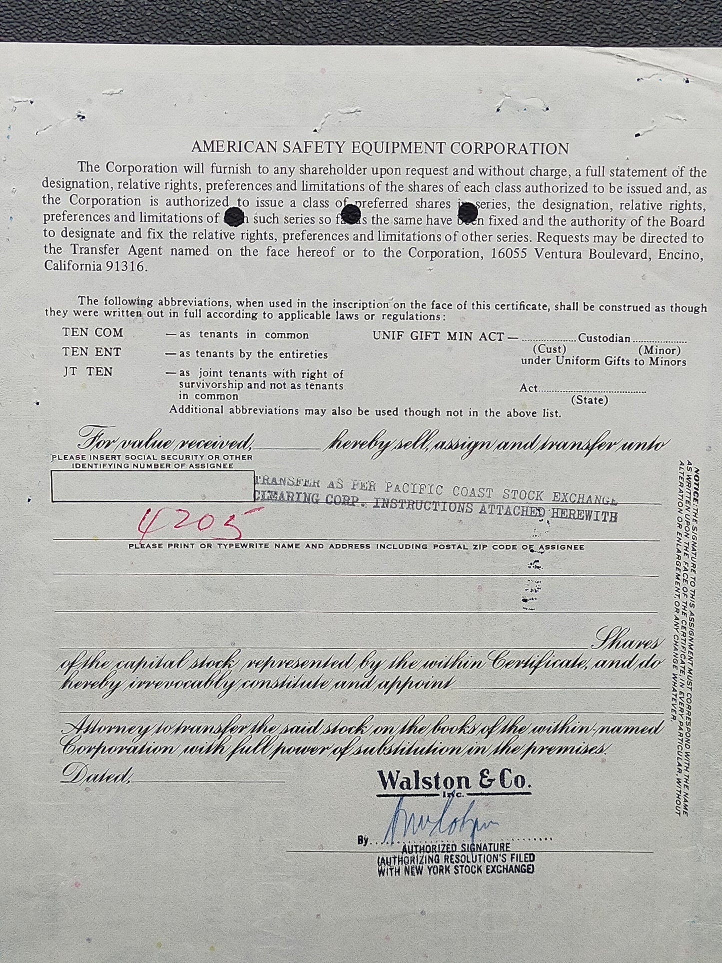 Historische American Safety Equipment Aktie von 1971 – 100 Shares
