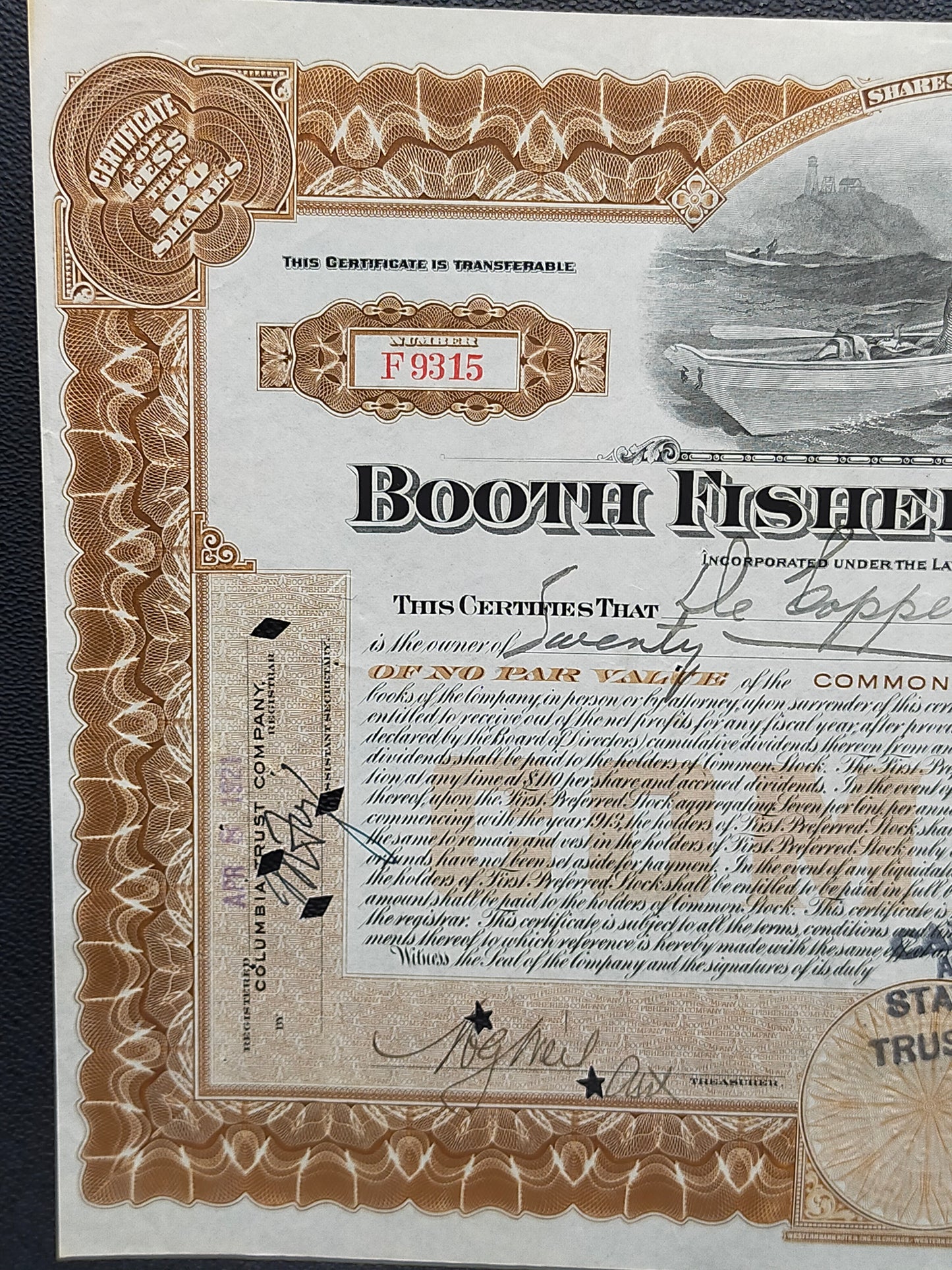 Historische Booth Fisheries Company Aktie von 1921