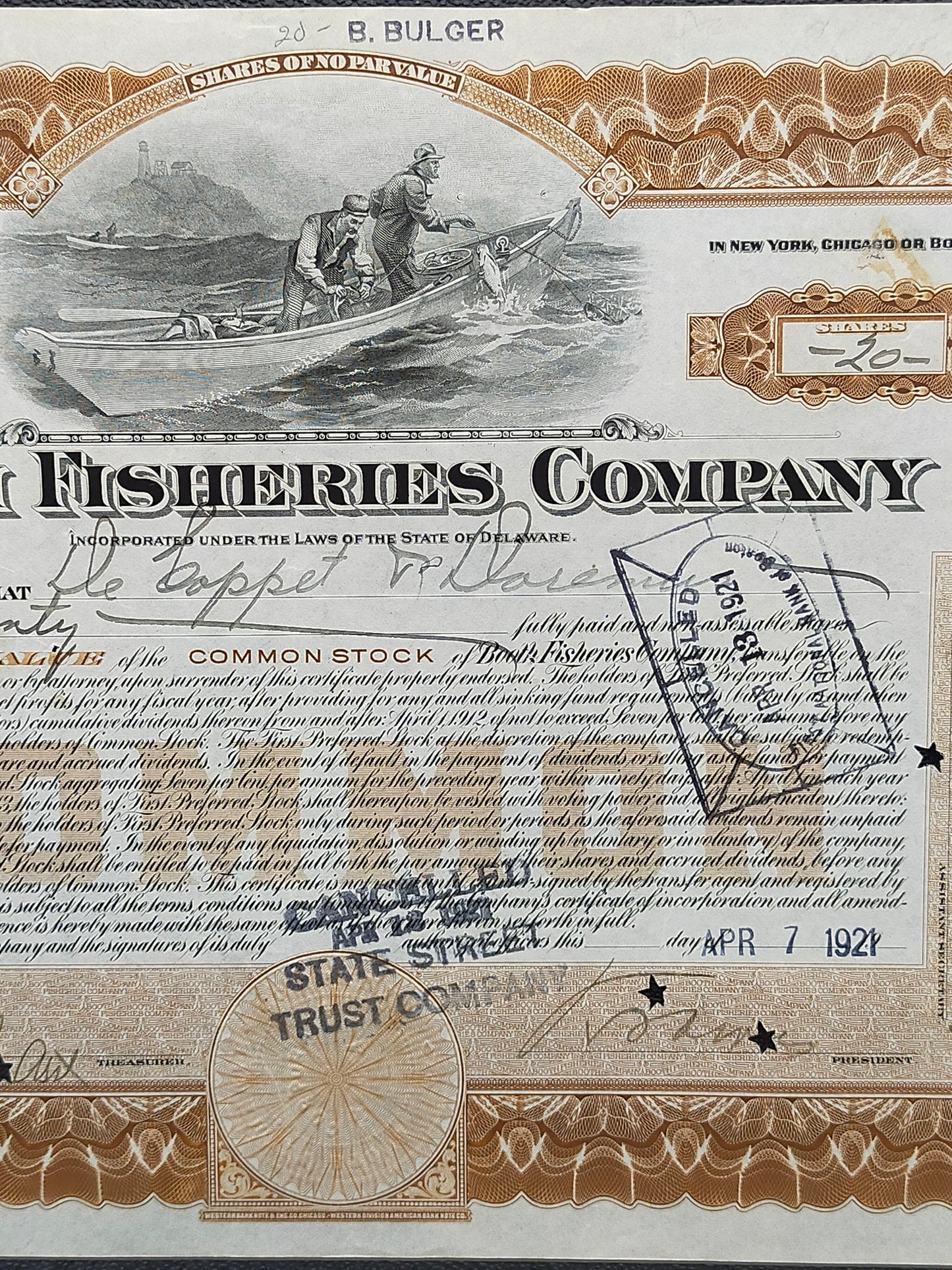 Historische Booth Fisheries Company Aktie von 1921