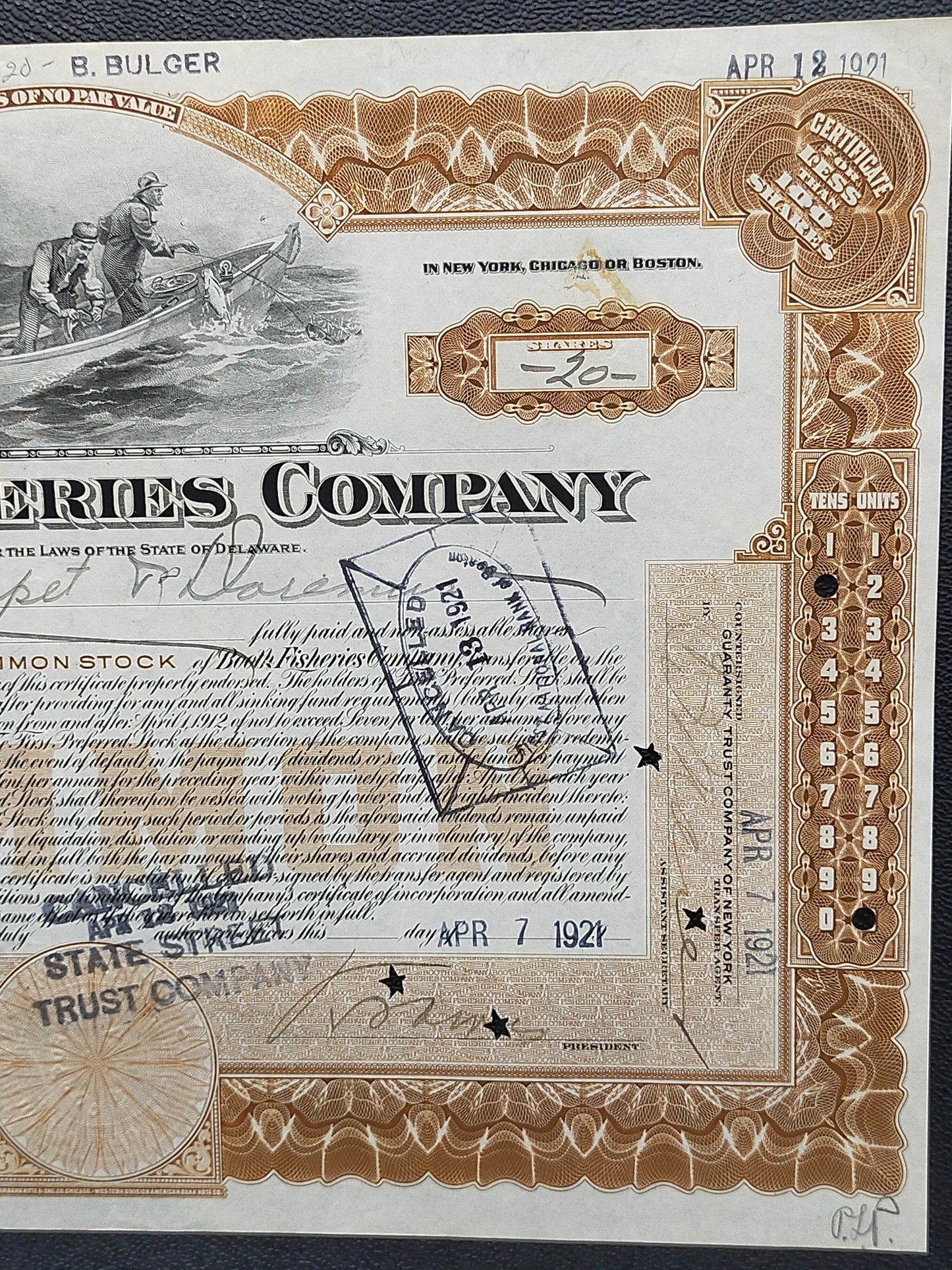 Historische Booth Fisheries Company Aktie von 1921