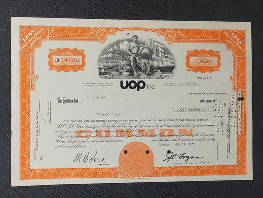 Historische UOP Inc. Aktie von 1975 – Originales Wertpapier