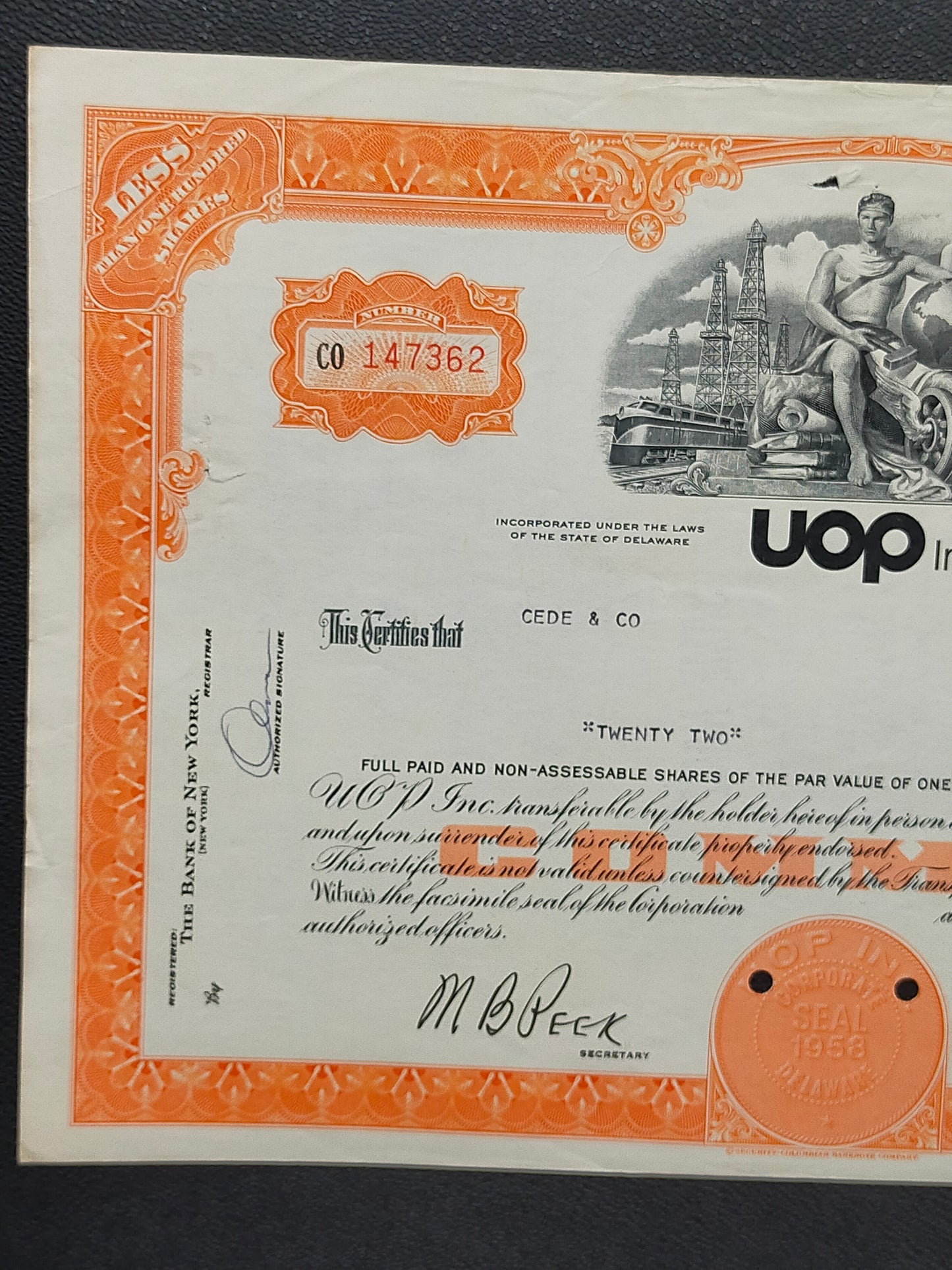 Historische UOP Inc. Aktie von 1975 – Originales Wertpapier