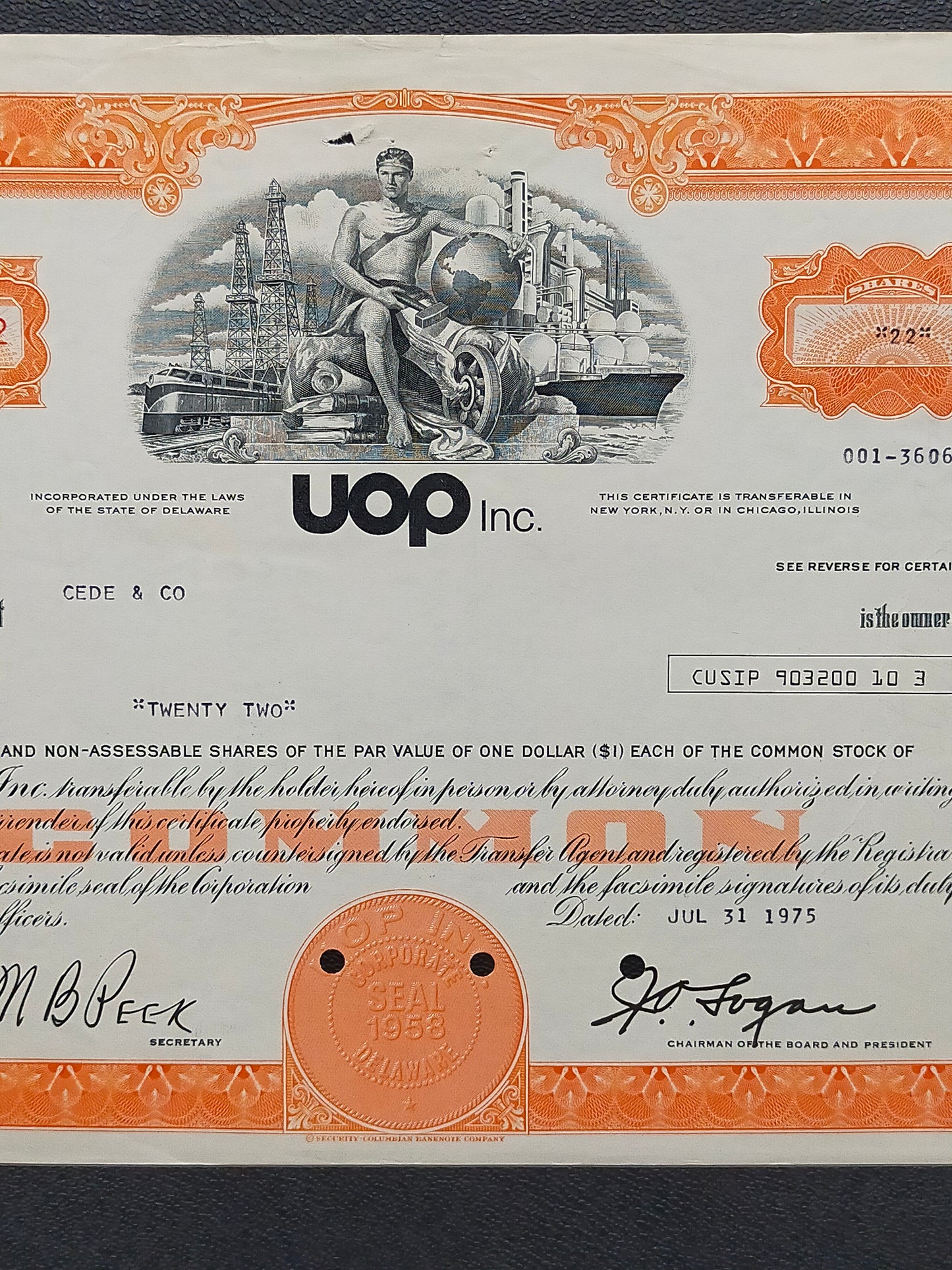 Historische UOP Inc. Aktie von 1975 – Originales Wertpapier