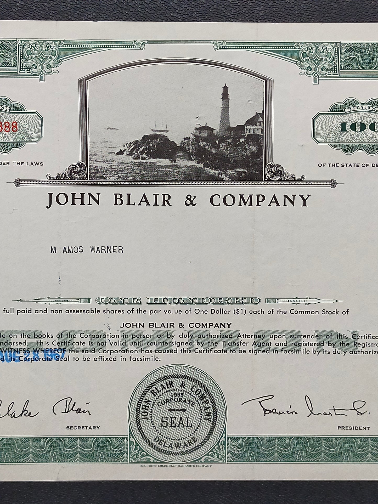 Historische Aktie John Blair & Company 100 Shares von 1968
