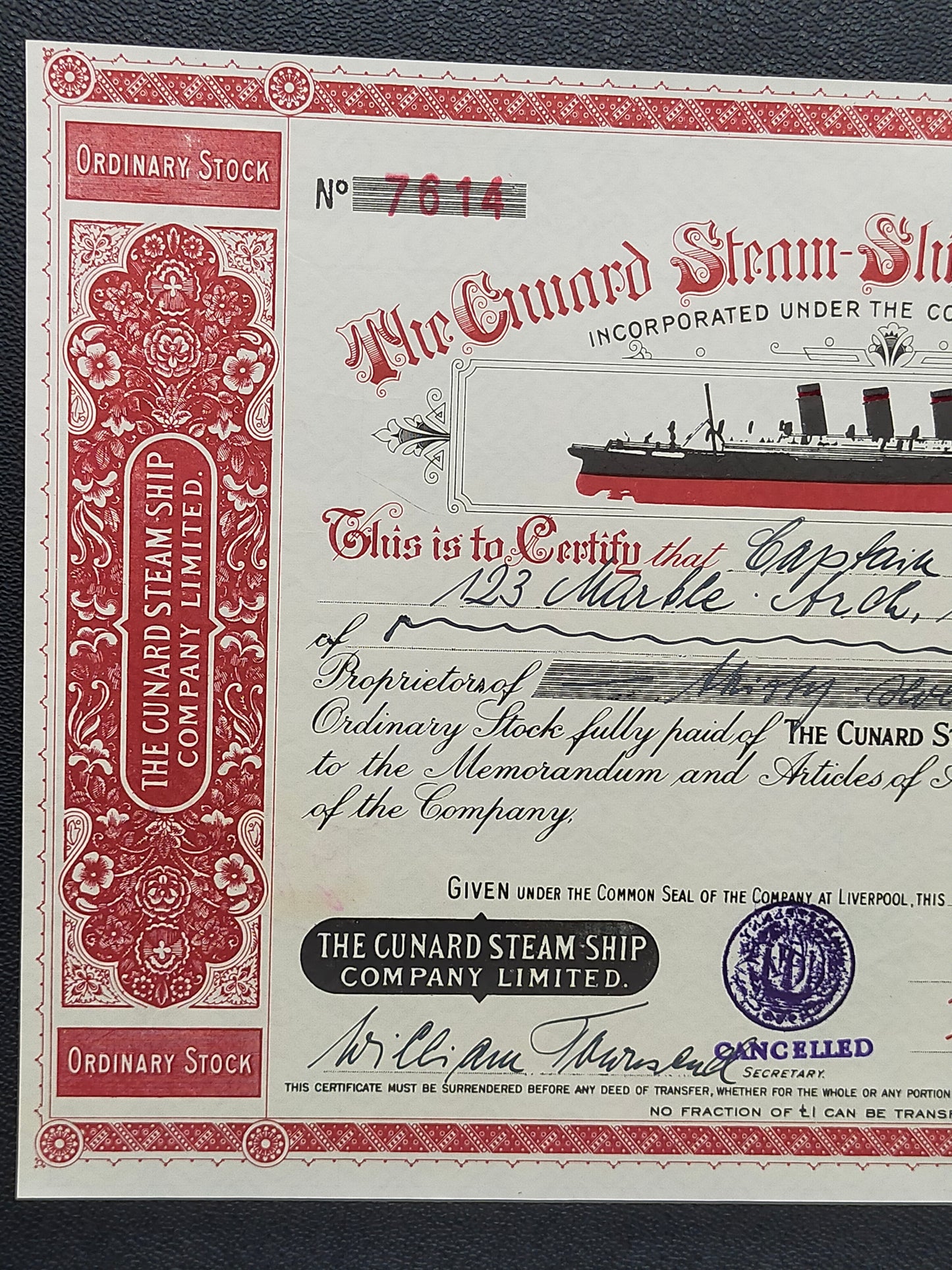 Historische Cunard Steam-Ship Aktie von 1912