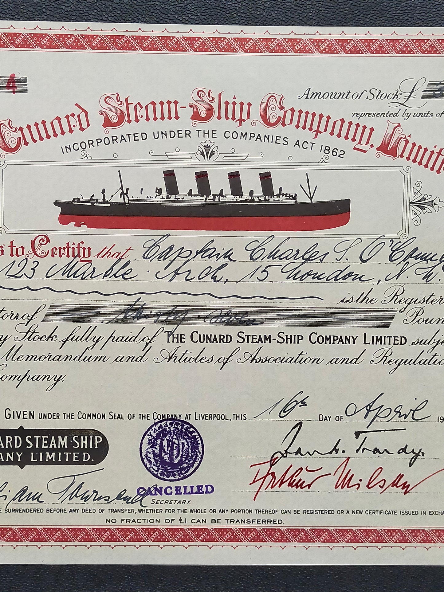 Historische Cunard Steam-Ship Aktie von 1912