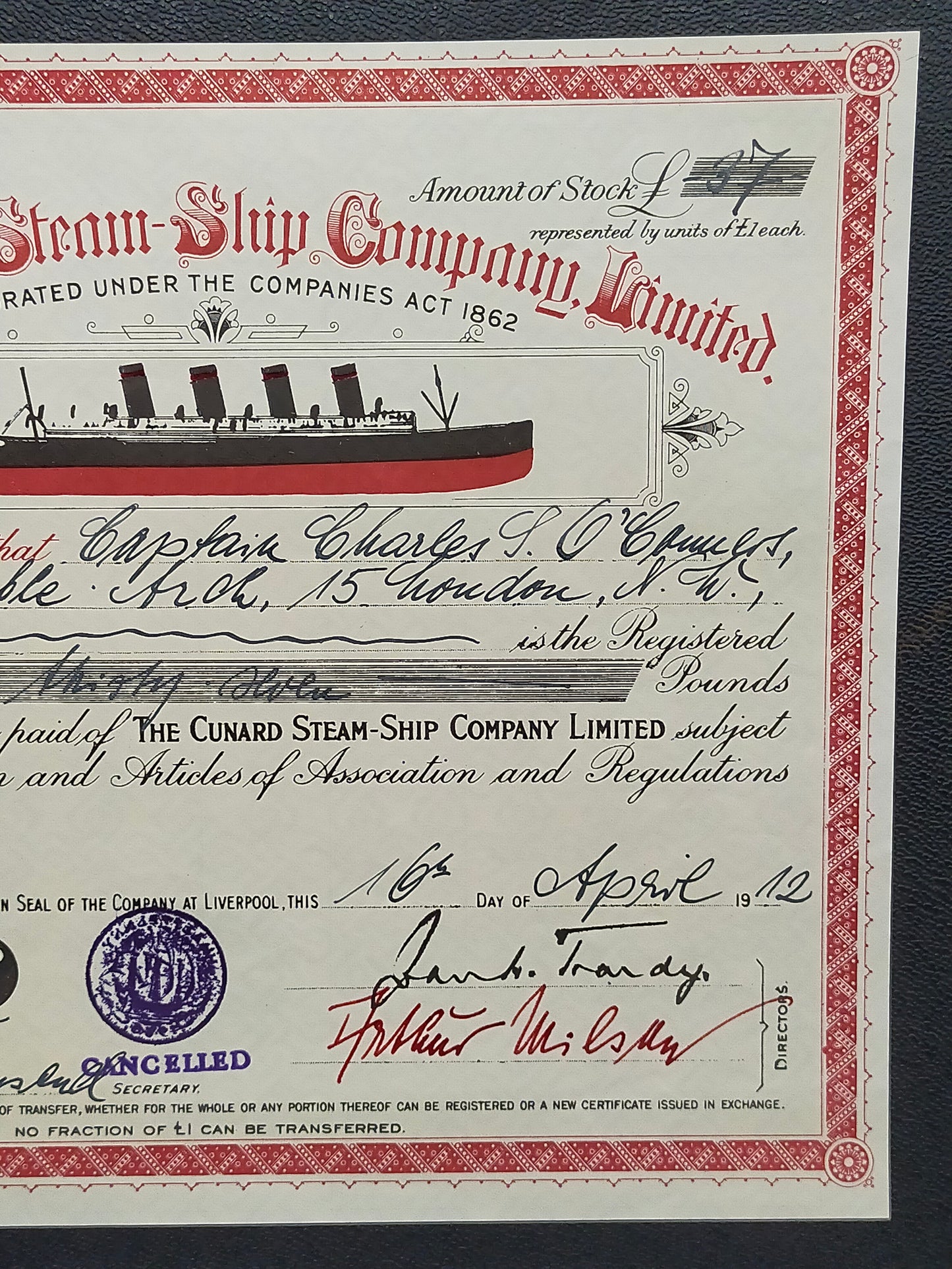 Historische Cunard Steam-Ship Aktie von 1912