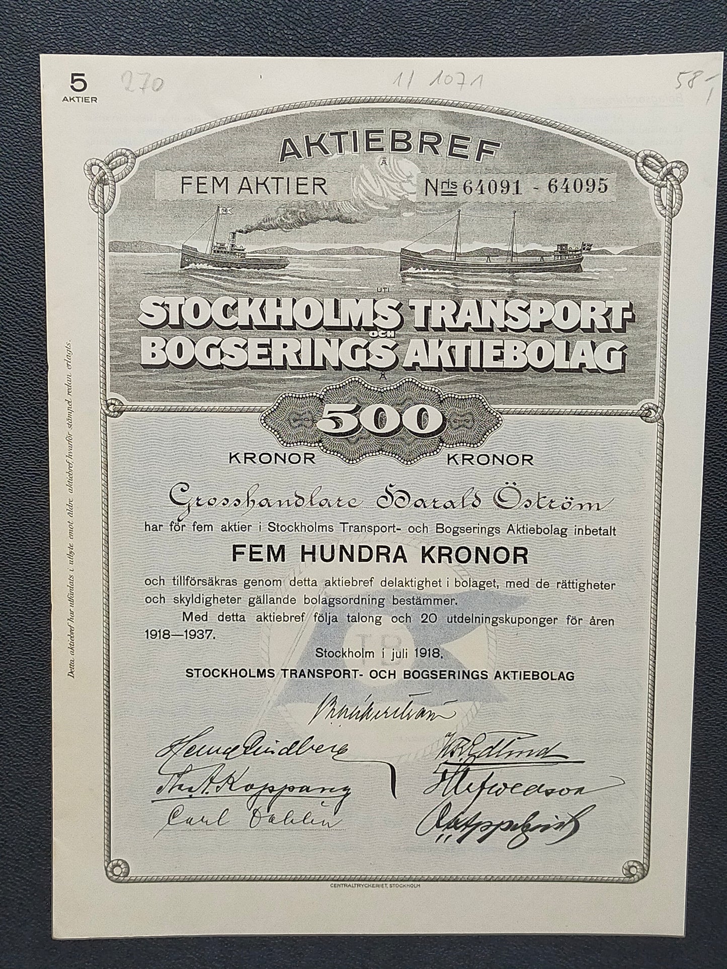 Historisches Aktiebrev 1918 – Stockholms Transport och Bogserings AB