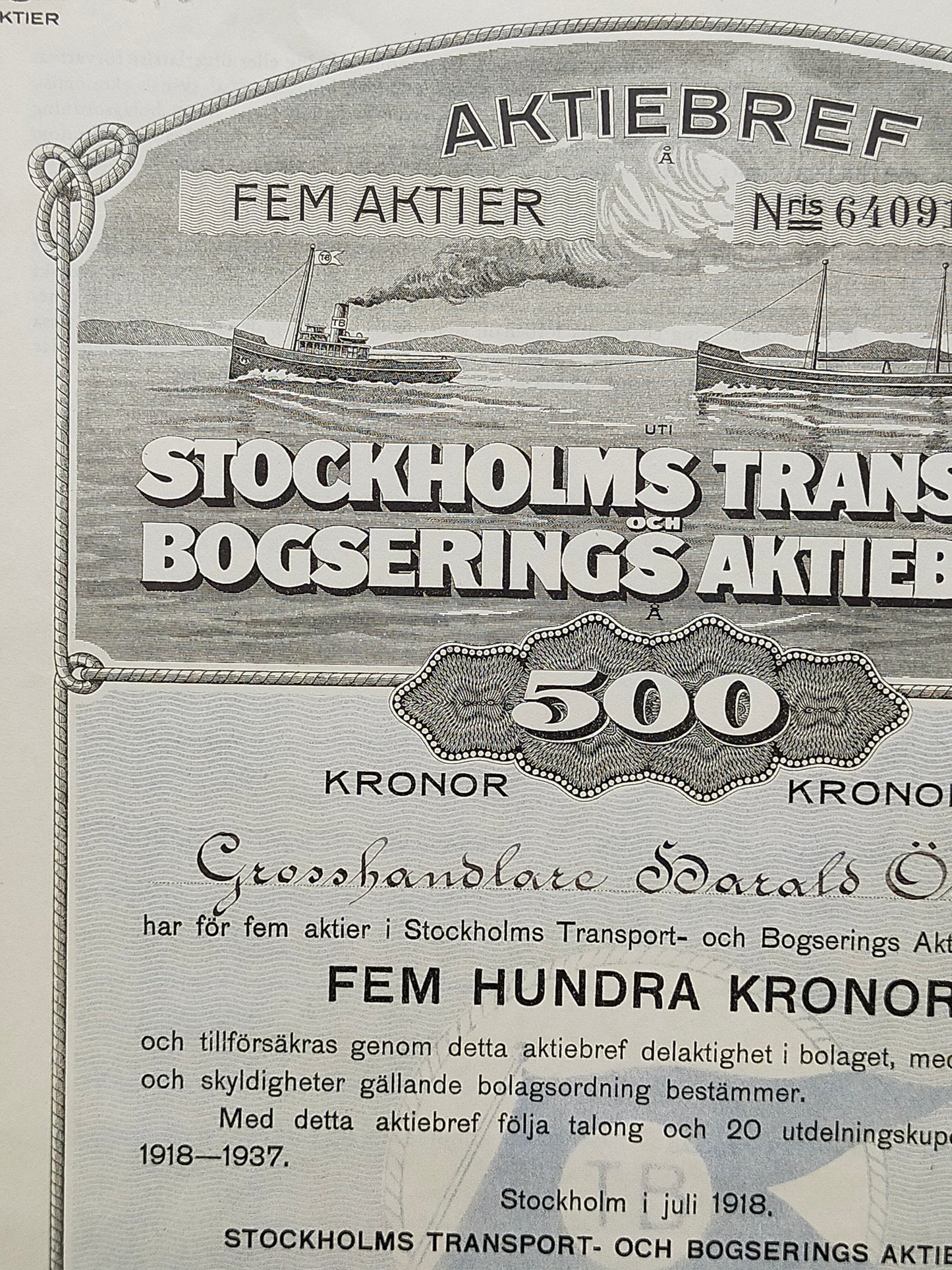 Historisches Aktiebrev 1918 – Stockholms Transport och Bogserings AB