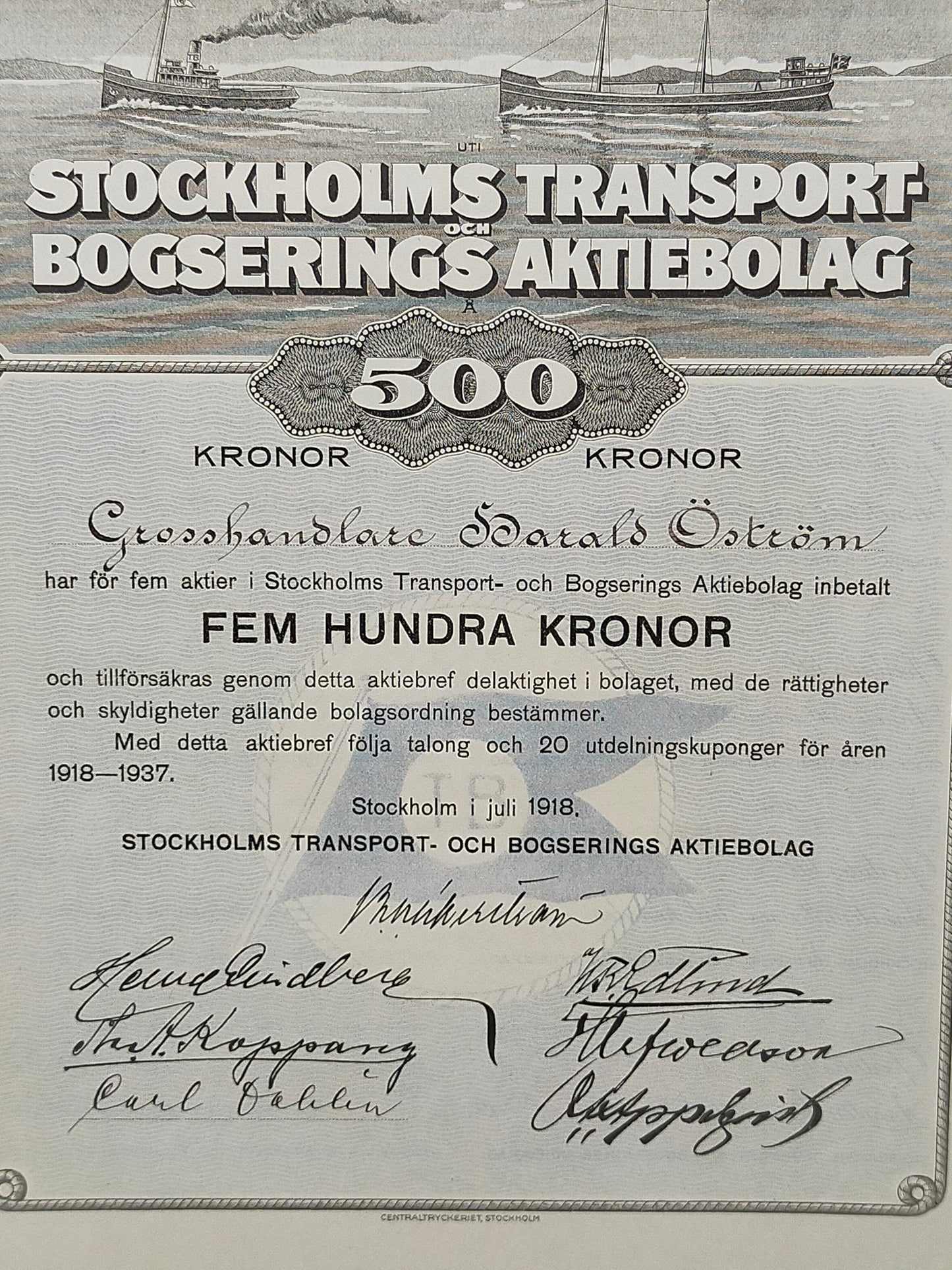 Historisches Aktiebrev 1918 – Stockholms Transport och Bogserings AB