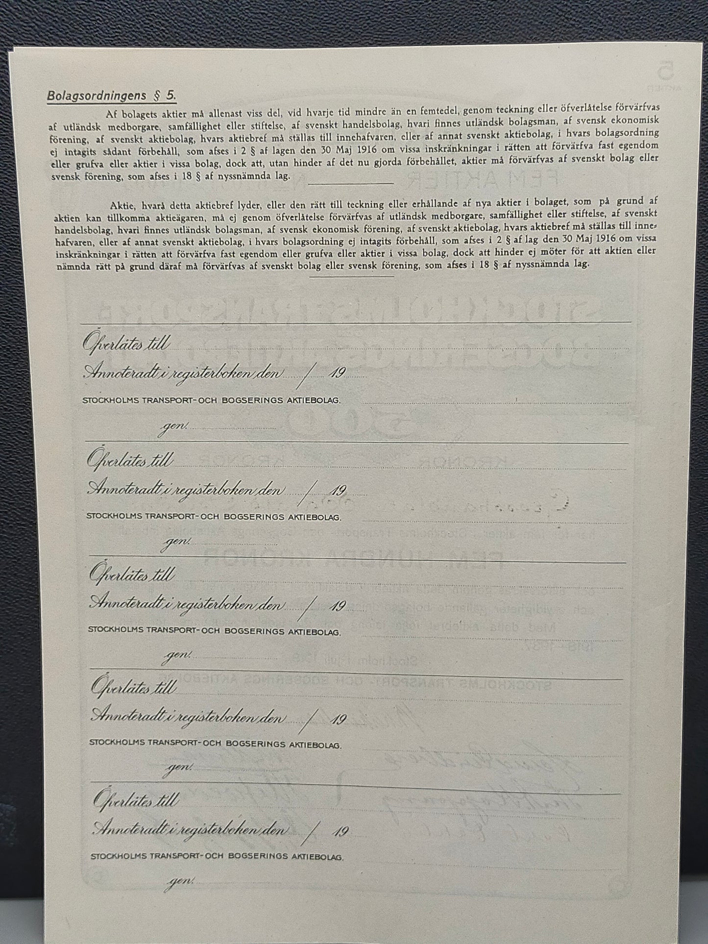 Historisches Aktiebrev 1918 – Stockholms Transport och Bogserings AB