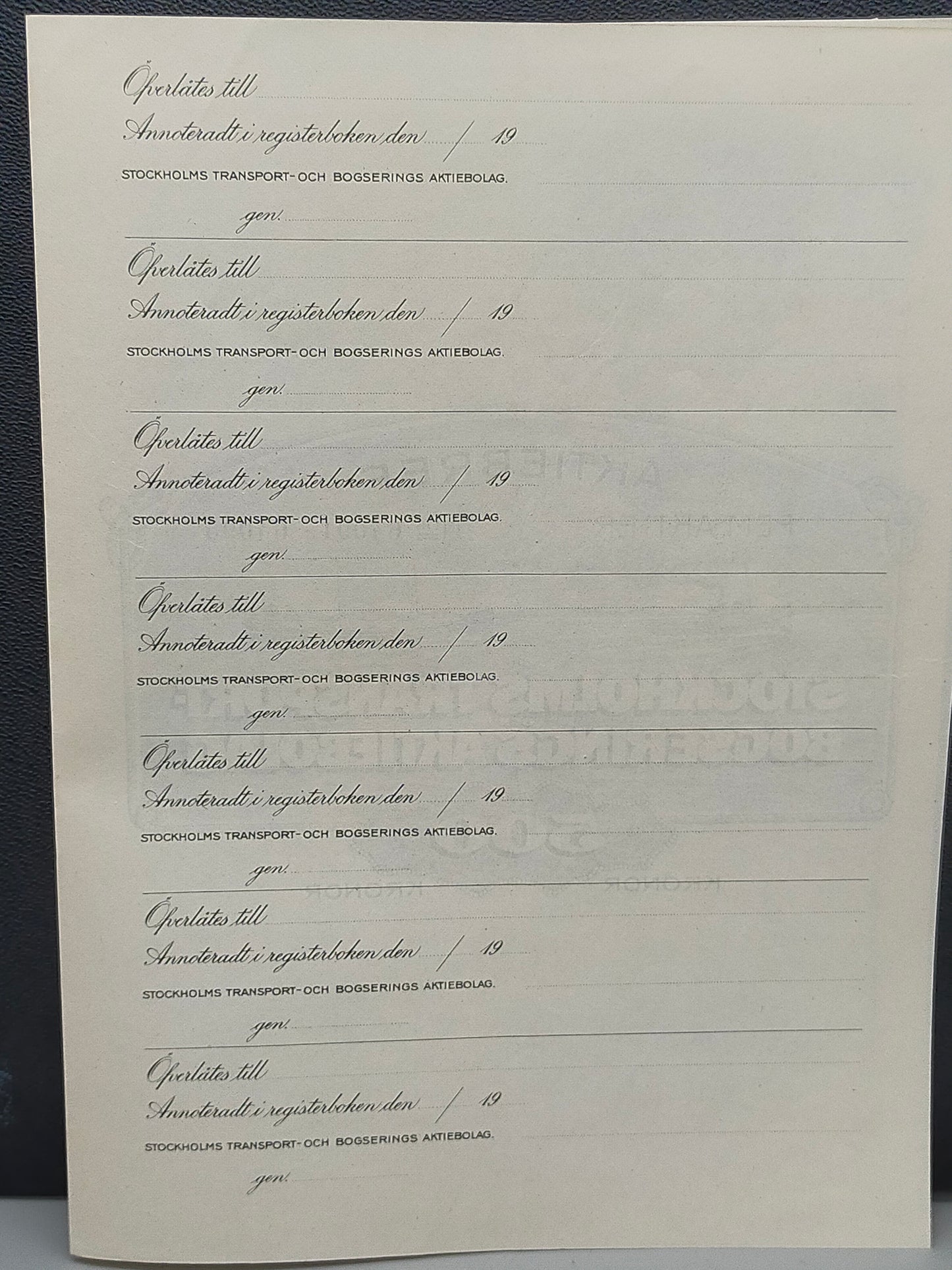 Historisches Aktiebrev 1918 – Stockholms Transport och Bogserings AB