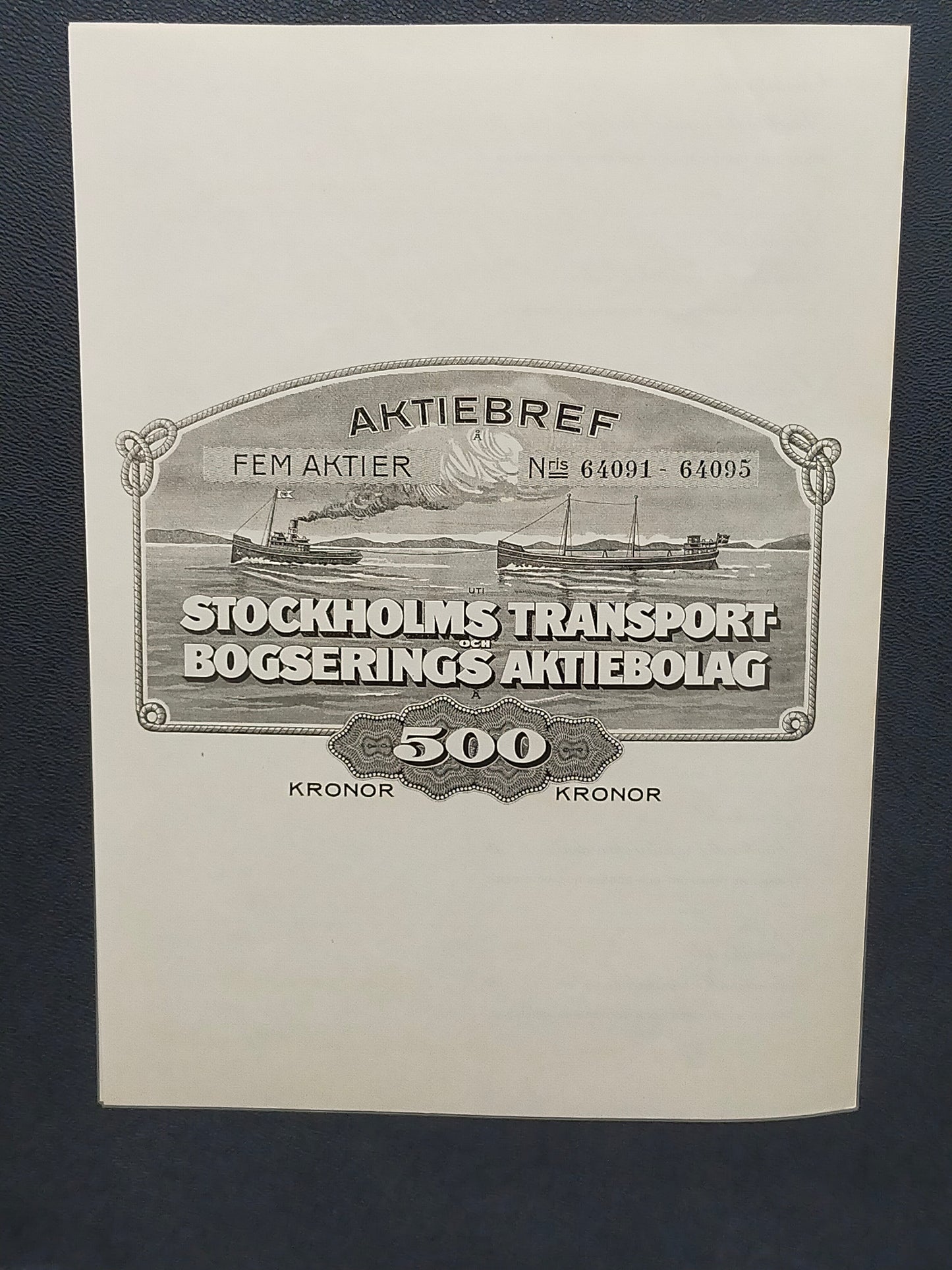 Historisches Aktiebrev 1918 – Stockholms Transport och Bogserings AB