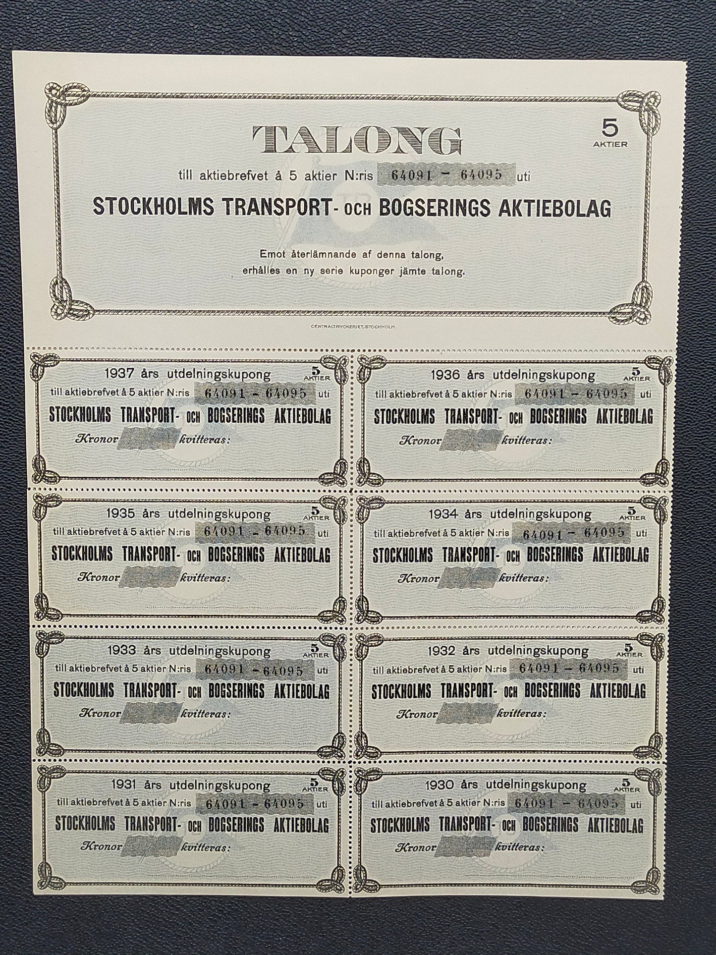 Historisches Aktiebrev 1918 – Stockholms Transport och Bogserings AB