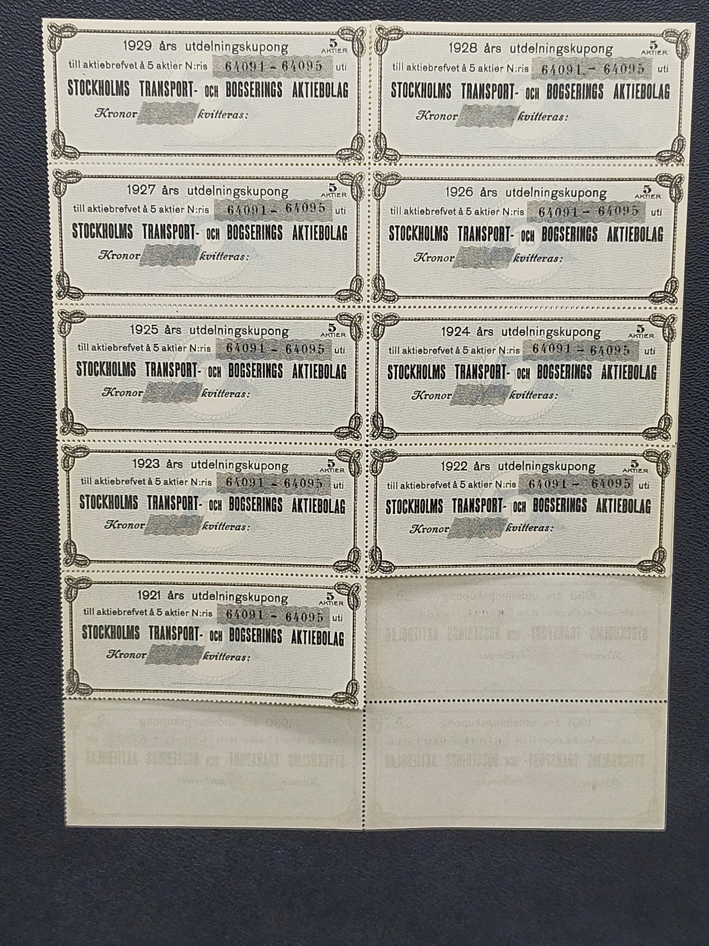 Historisches Aktiebrev 1918 – Stockholms Transport och Bogserings AB