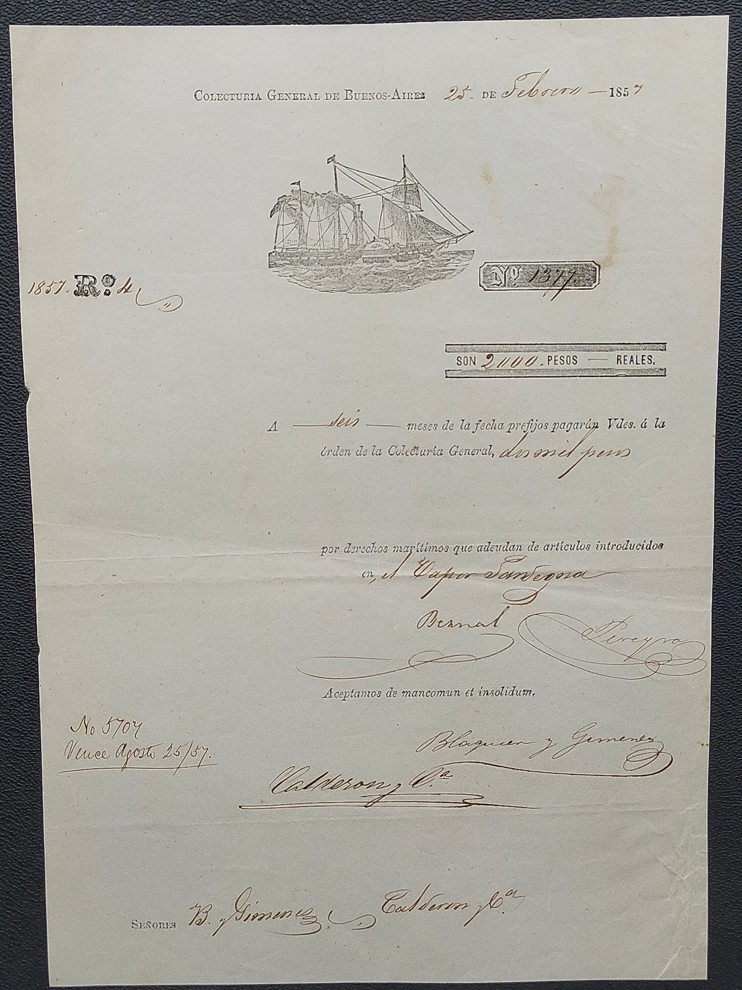 Historisches Zolldokument Buenos Aires 1857