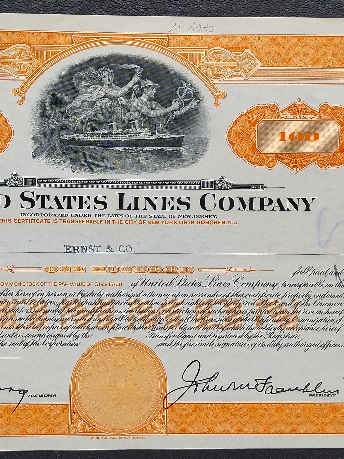 Historische United States Lines Company Aktie 100 Shares von 1955