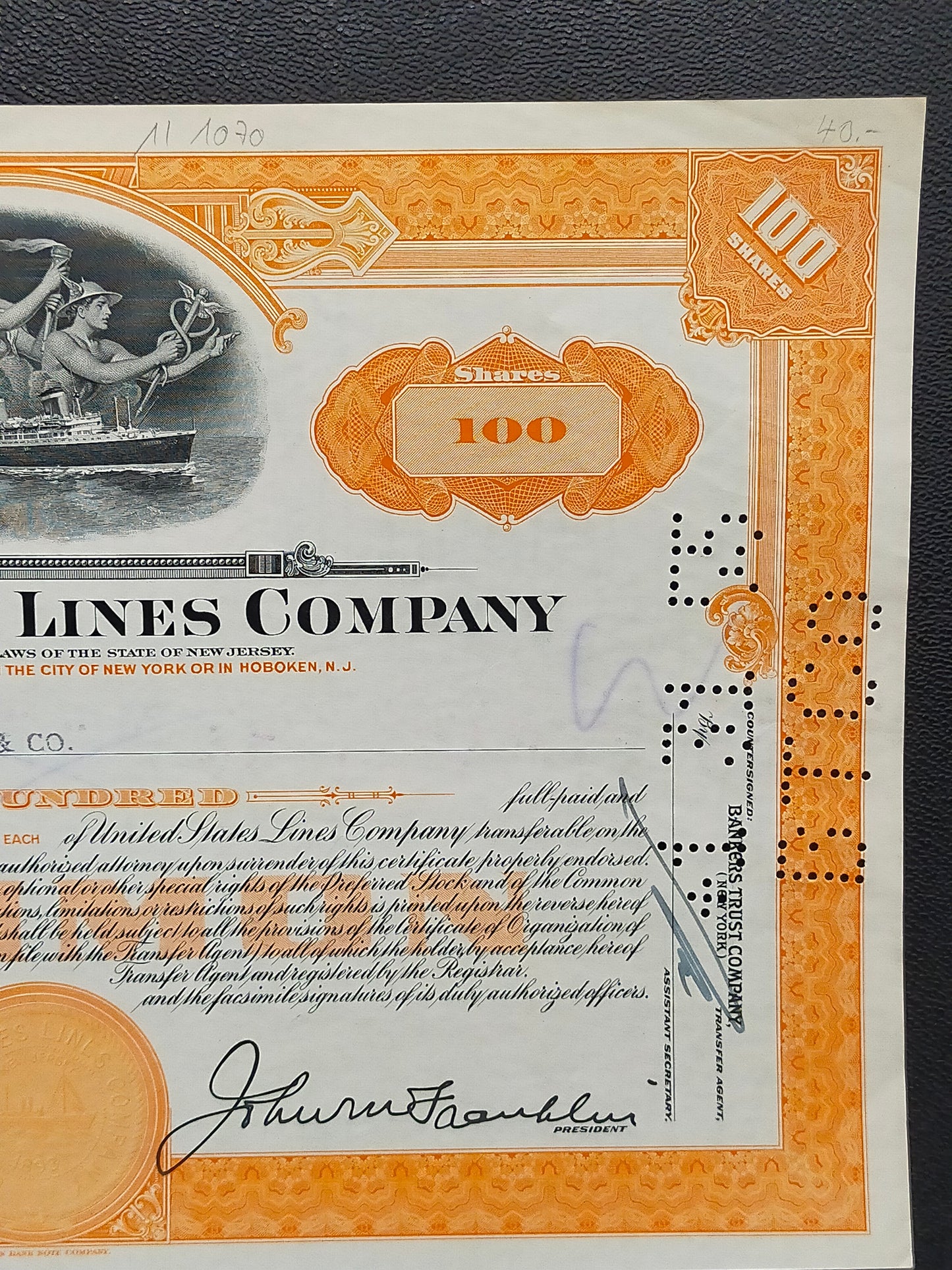 Historische United States Lines Company Aktie 100 Shares von 1955