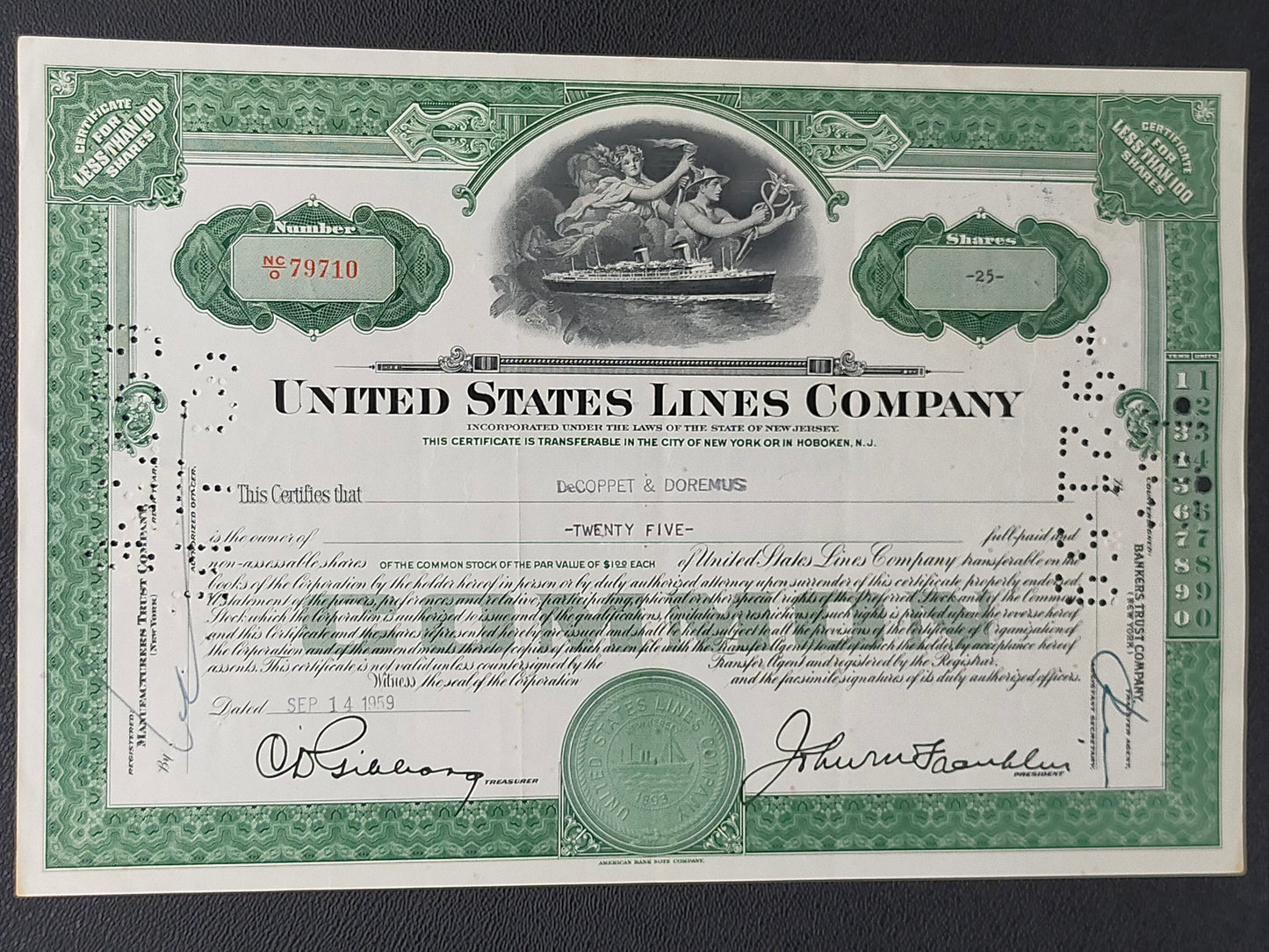 Historische United States Lines Company Aktie Original von 1959