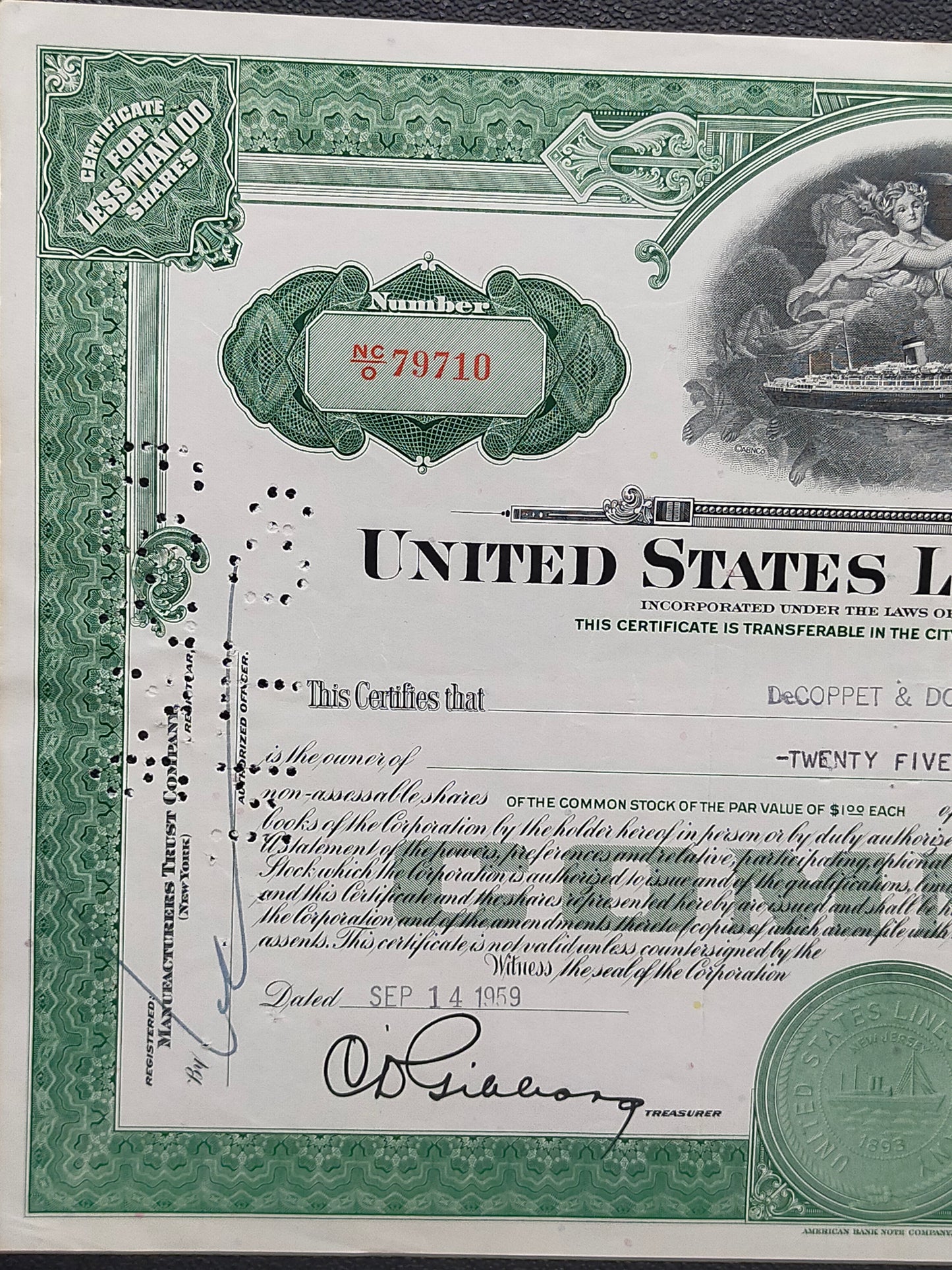Historische United States Lines Company Aktie Original von 1959