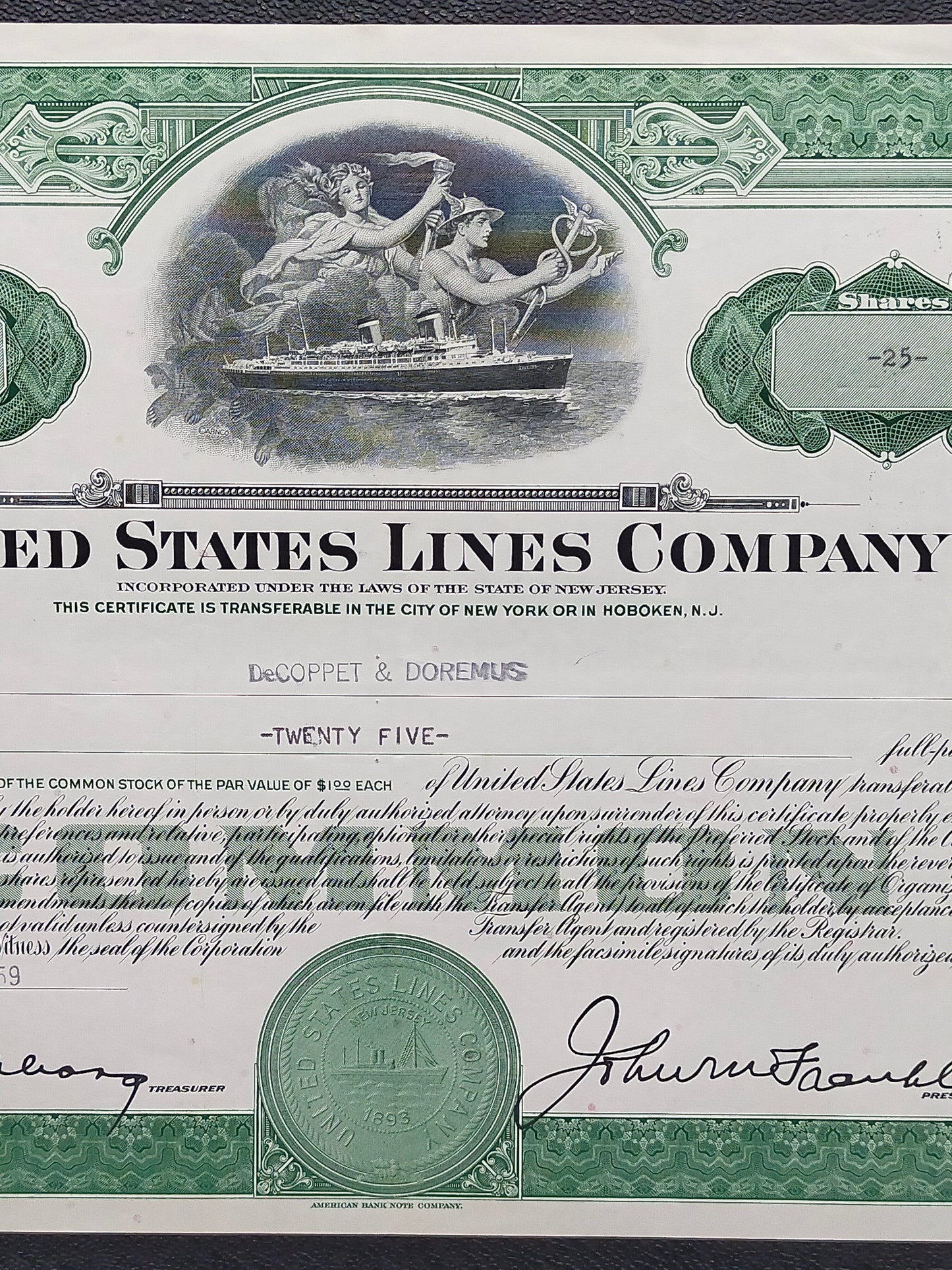 Historische United States Lines Company Aktie Original von 1959