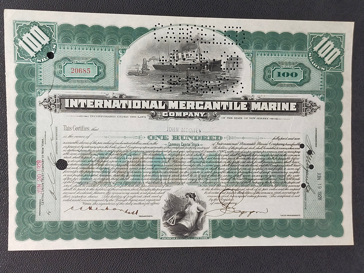 Historische Aktie International Mercantile Marine Co 100 Shares 1928