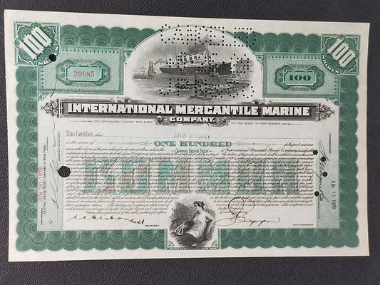 Historische Aktie International Mercantile Marine Co 100 Shares 1928