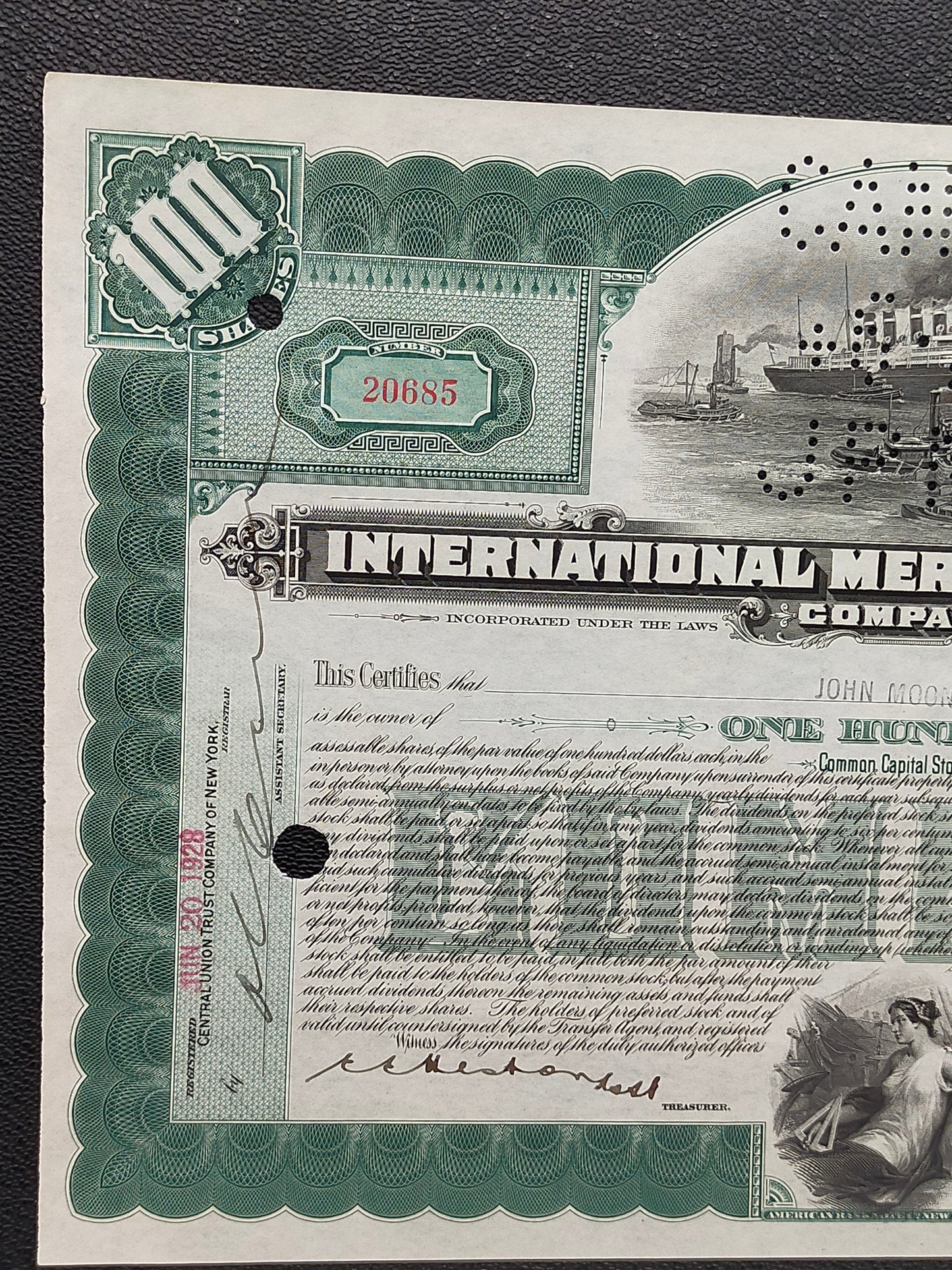 Historische Aktie International Mercantile Marine Co 100 Shares 1928
