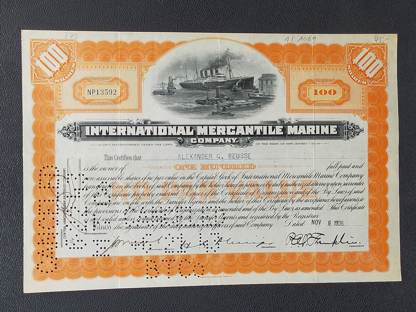 Historische Aktie International Mercantile Marine Company 100 Shares 1936