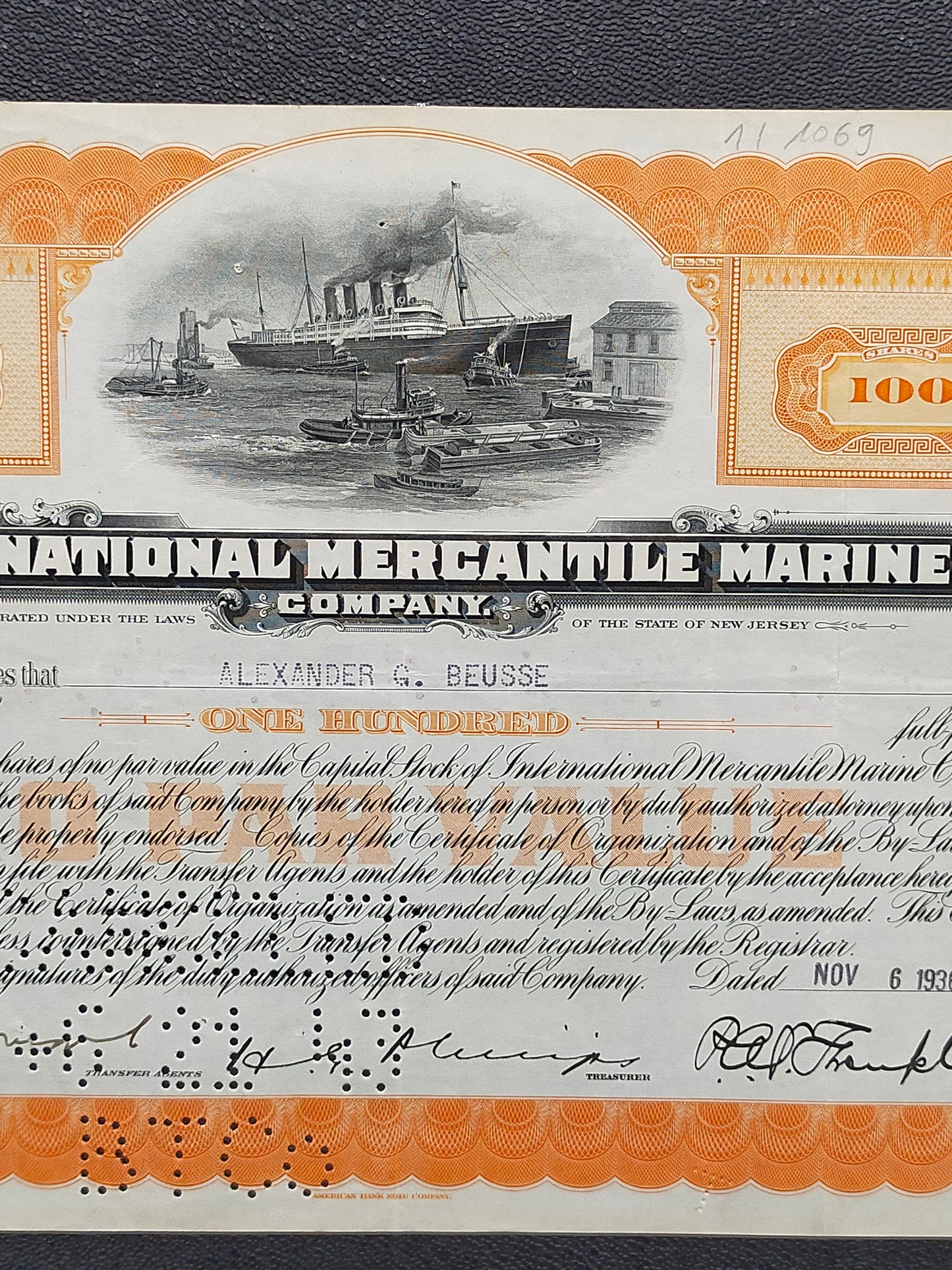 Historische Aktie International Mercantile Marine Company 100 Shares 1936