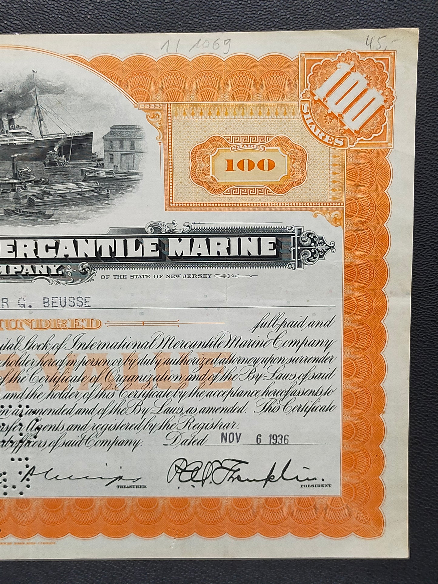 Historische Aktie International Mercantile Marine Company 100 Shares 1936