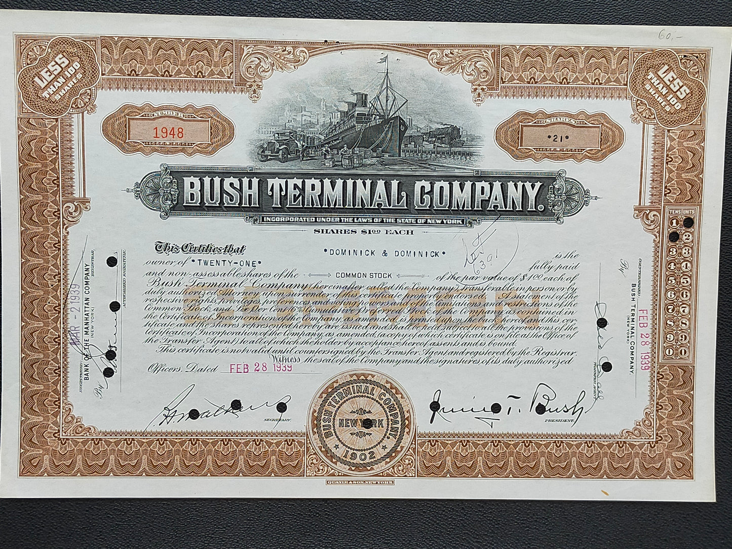 Historische Bush Terminal Company Aktie Original von 1939