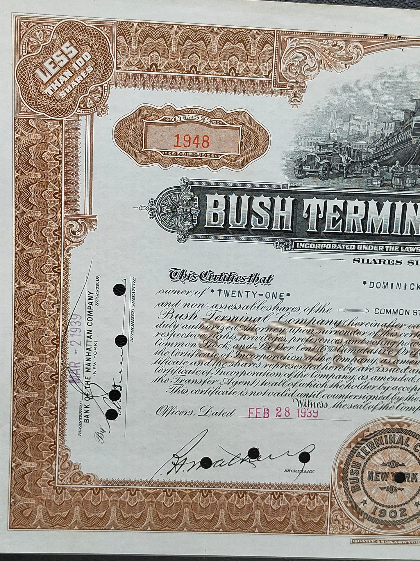 Historische Bush Terminal Company Aktie Original von 1939