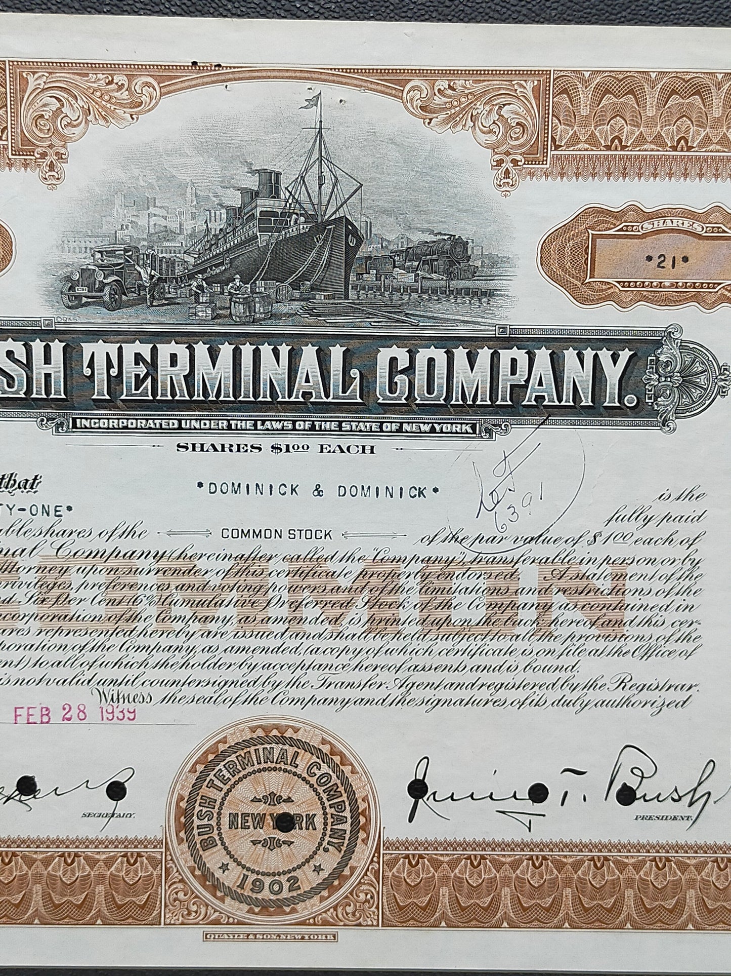 Historische Bush Terminal Company Aktie Original von 1939